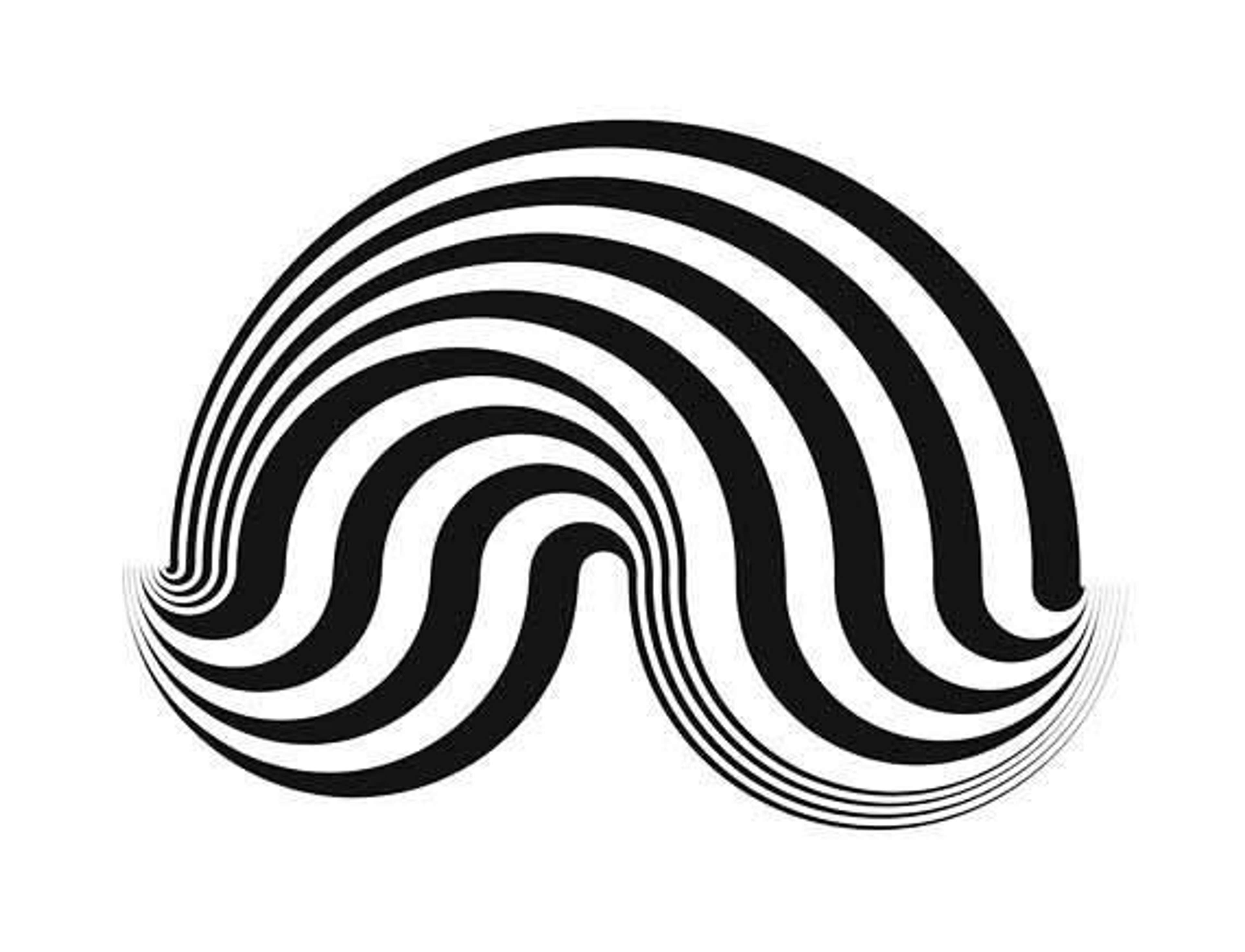 Bridget Riley’s Fragment 5. An Op Art screenprint of black and white lines curved in the style of a half circle. 