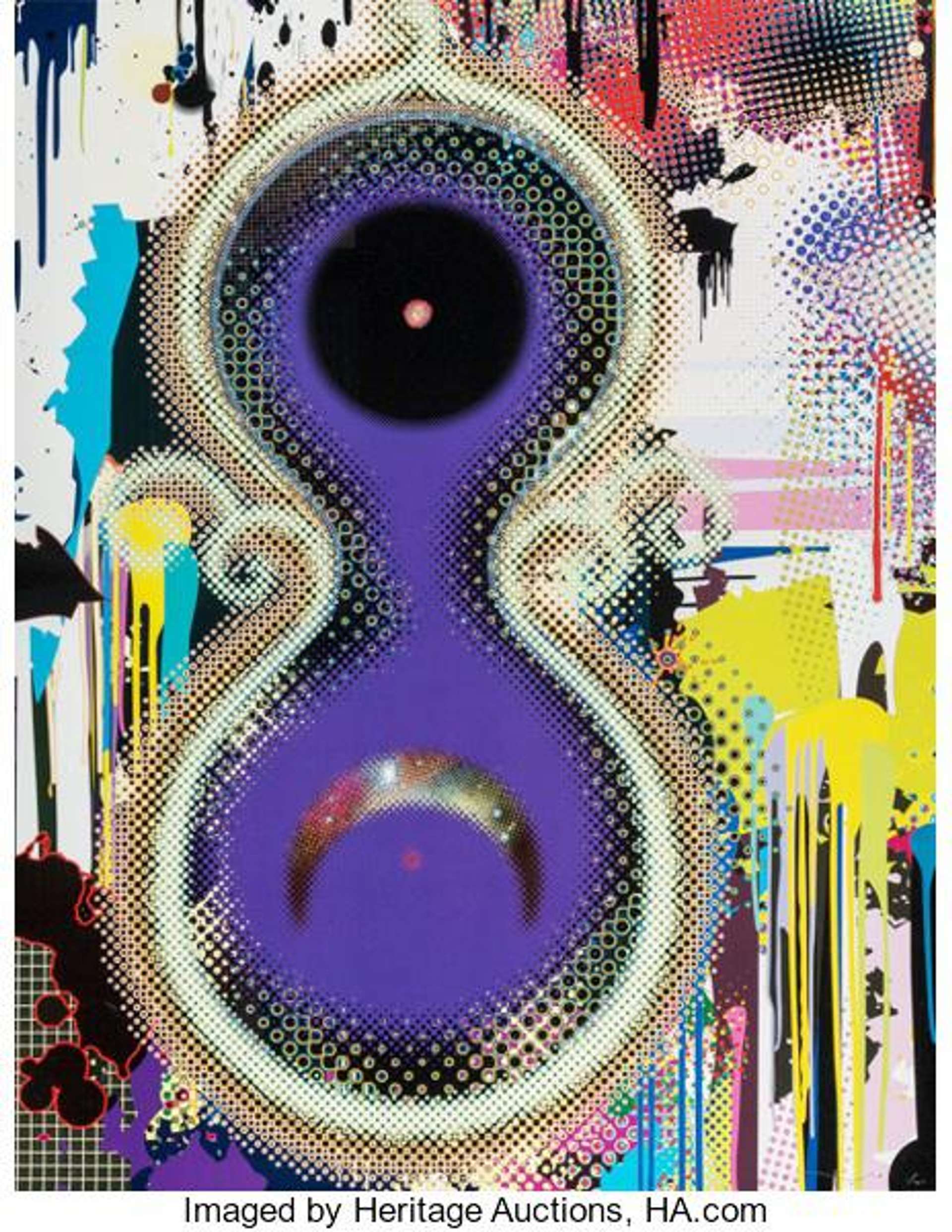 Takashi Murakami ‘s Genome No 10. Purple graffiti style figure in front of multi-coloured background in the style of Japanese Pop Art
