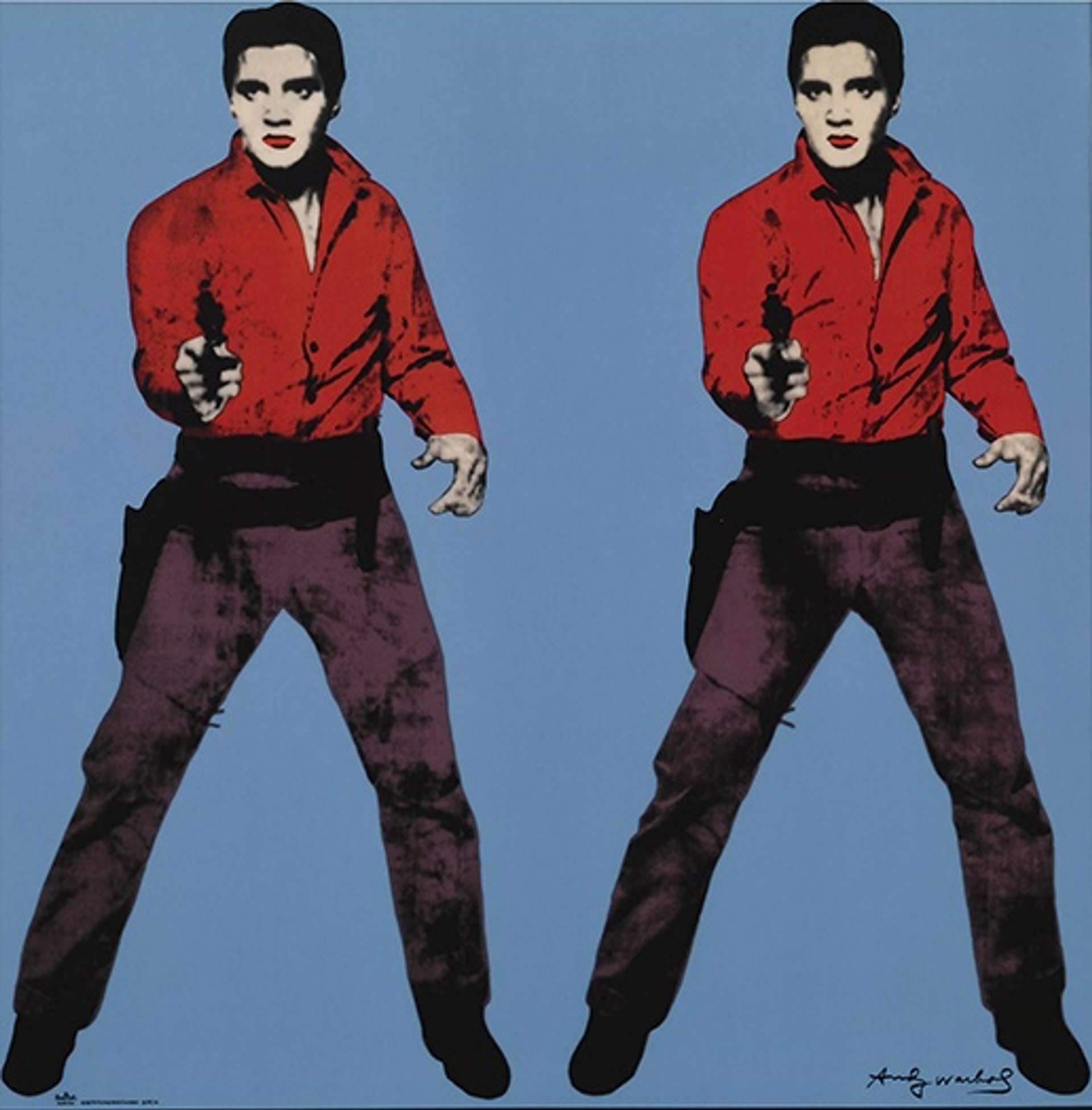A screenprint by Andy Warhol depicting Elvis Presley twice, in a red shirt and burgundy trousers, pointing a gun out towards the viewer.