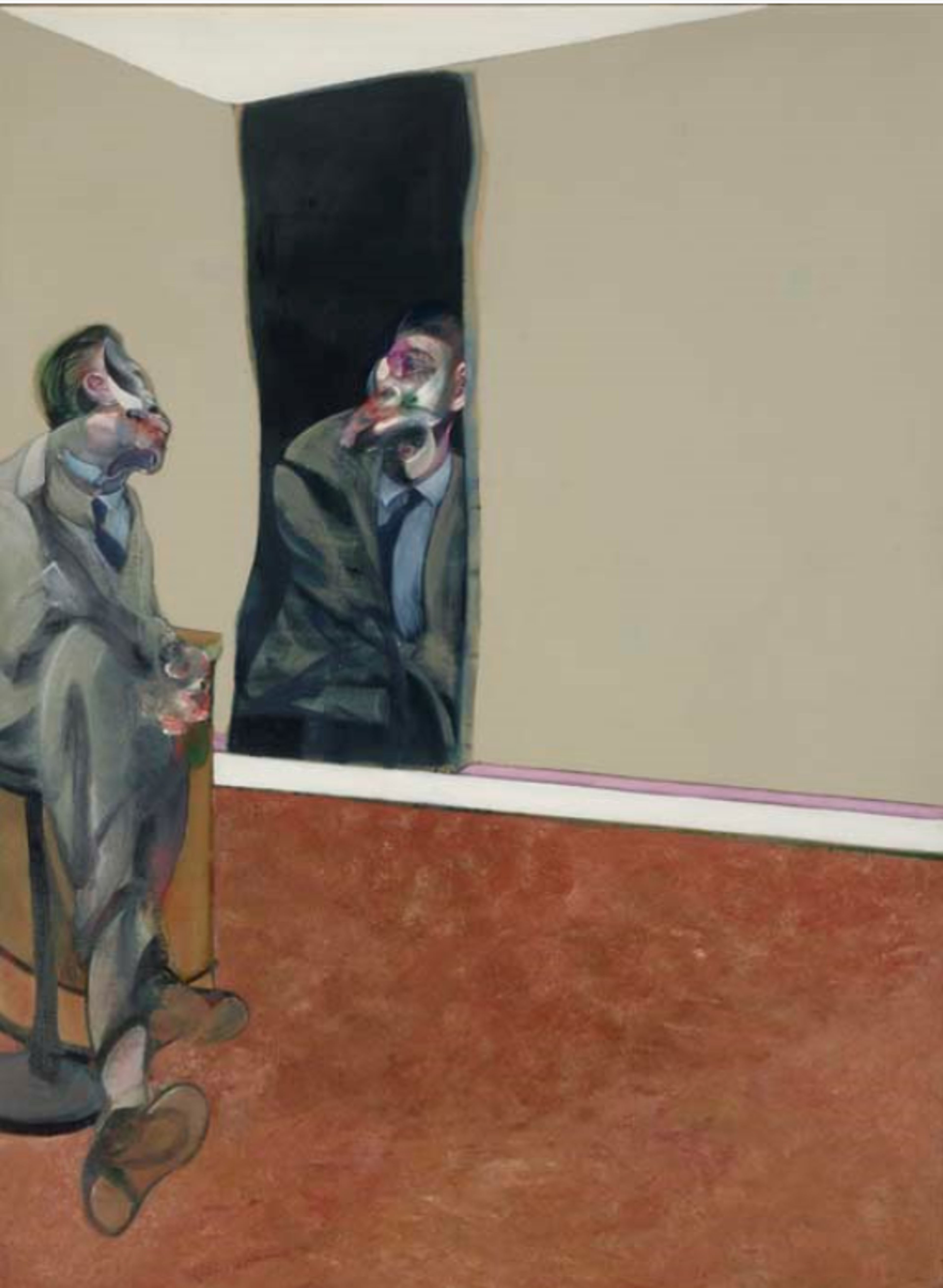 Distorted figure staring at his reflection in an oblong mirror