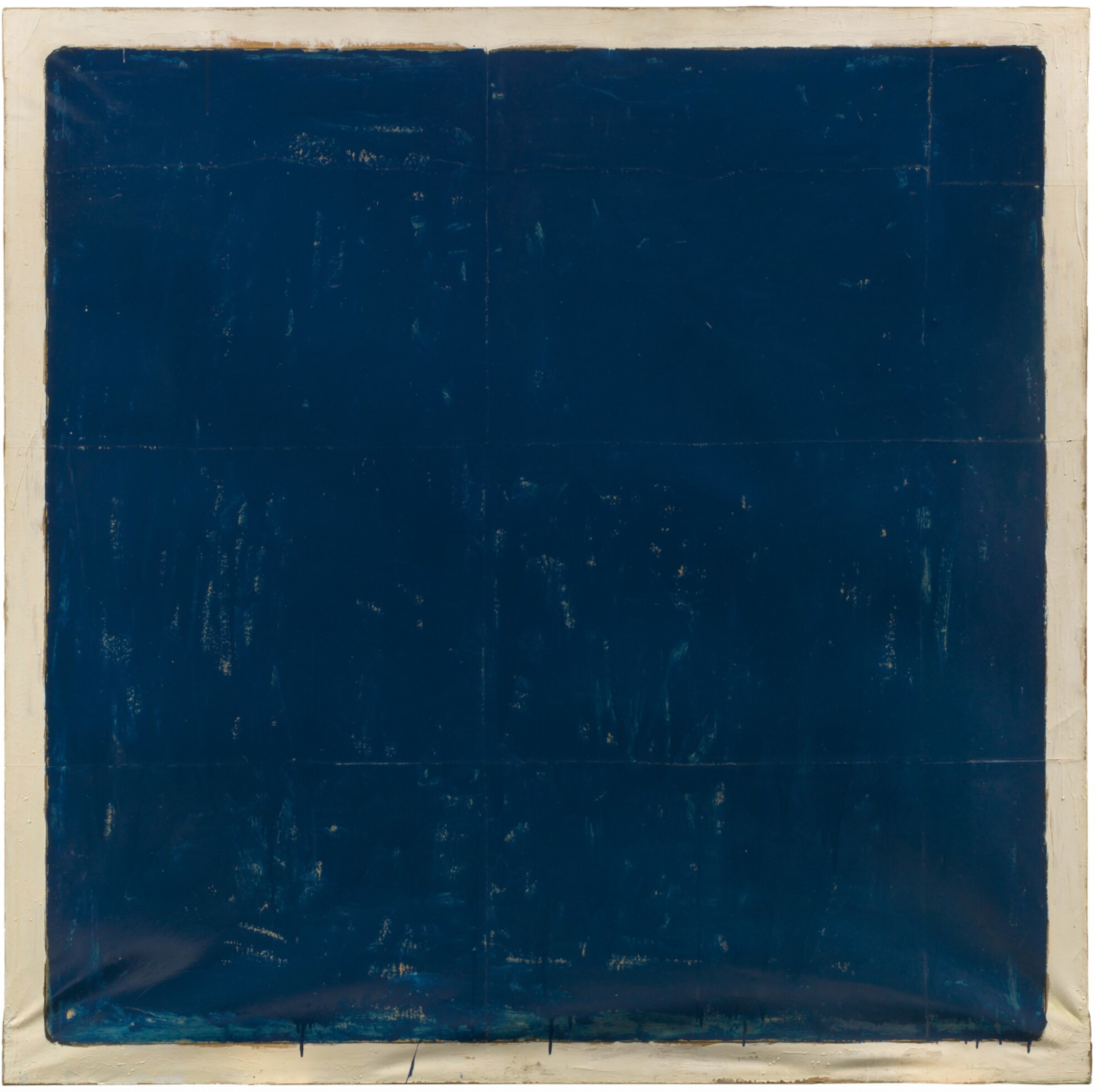 A deep blue, nearly square field bordered by a thin, raw canvas edge, with subtle surface variations and a meditative, monochrome effect.