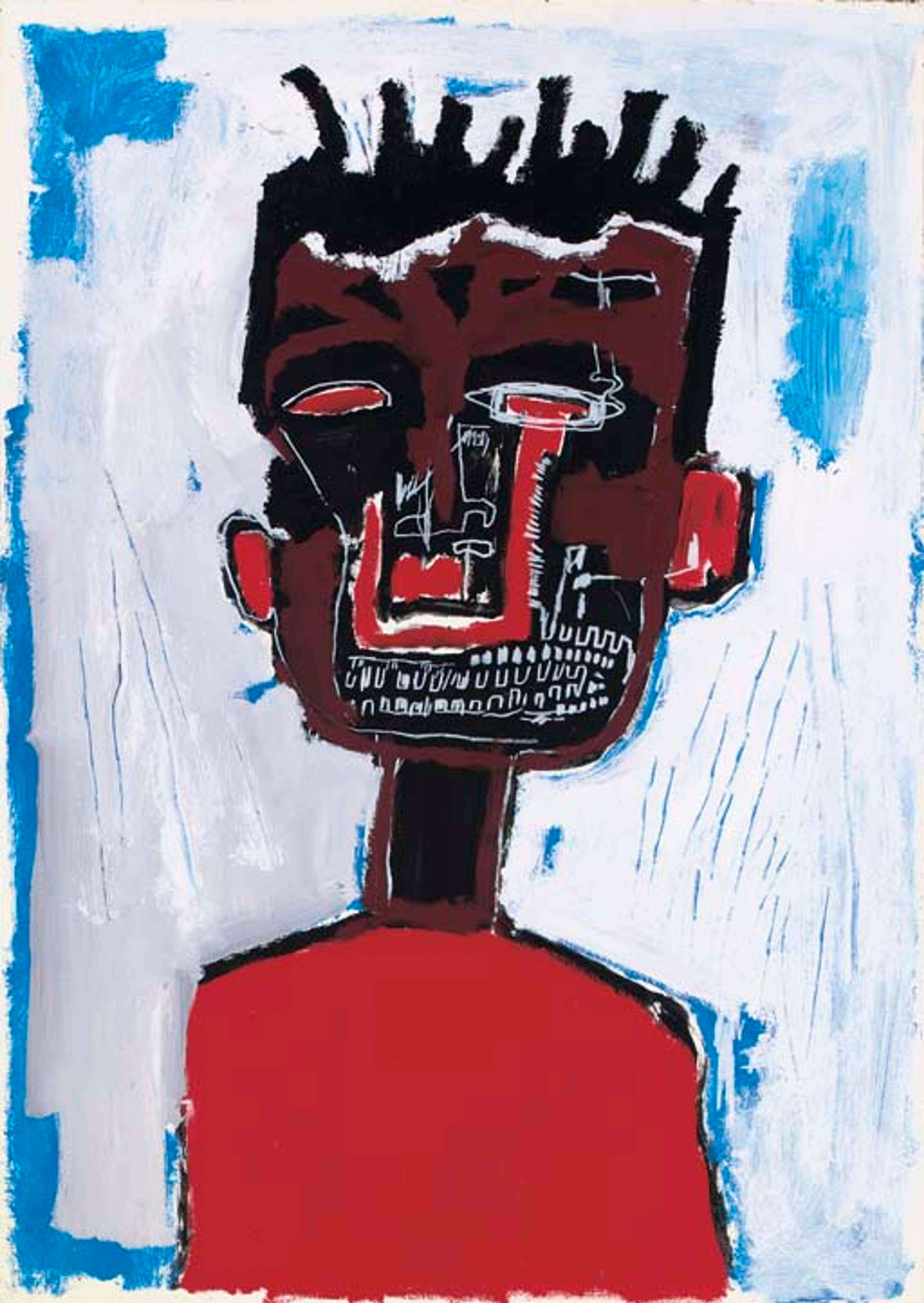  An image depicting a black figure from the torso up. Abstract features and prominent teeth make up the figure, against a white and blue wash background. 