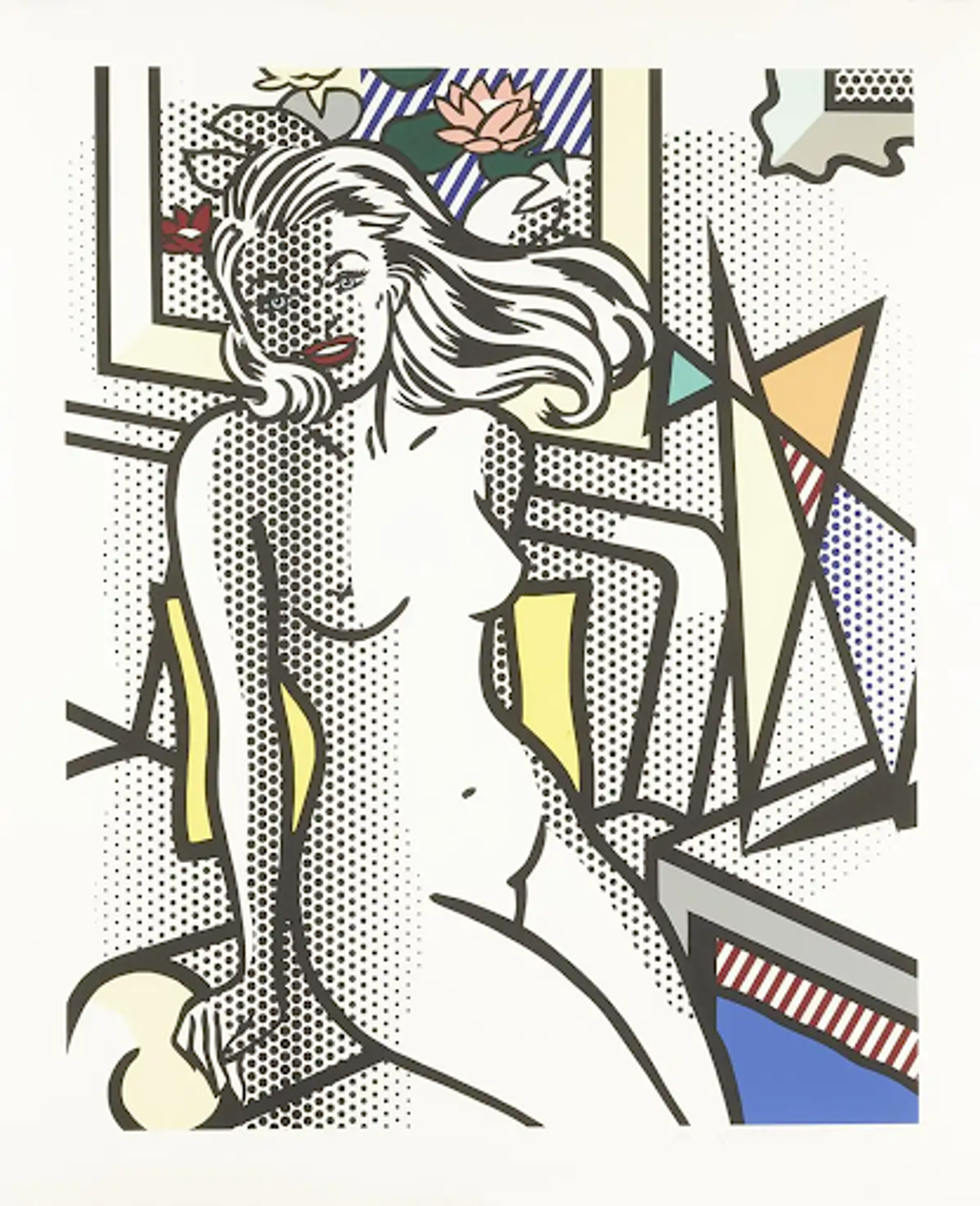 Roy Lichtenstein’s Nude With Yellow Pillow. A Pop Art relief print of a comic style work of a nude woman featured in an interior setting. 