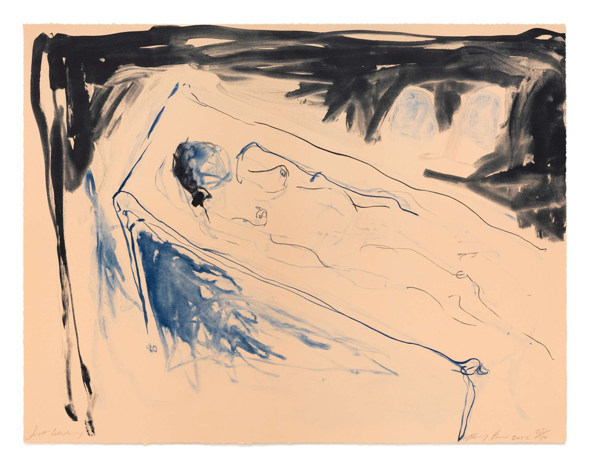 An image of the print Just Waiting by Tracey Emin. It shows a female nude lying in a coffin, her face obscured by a mass of blue paint. The colour palette is in blues and dark greys, against a cream background.