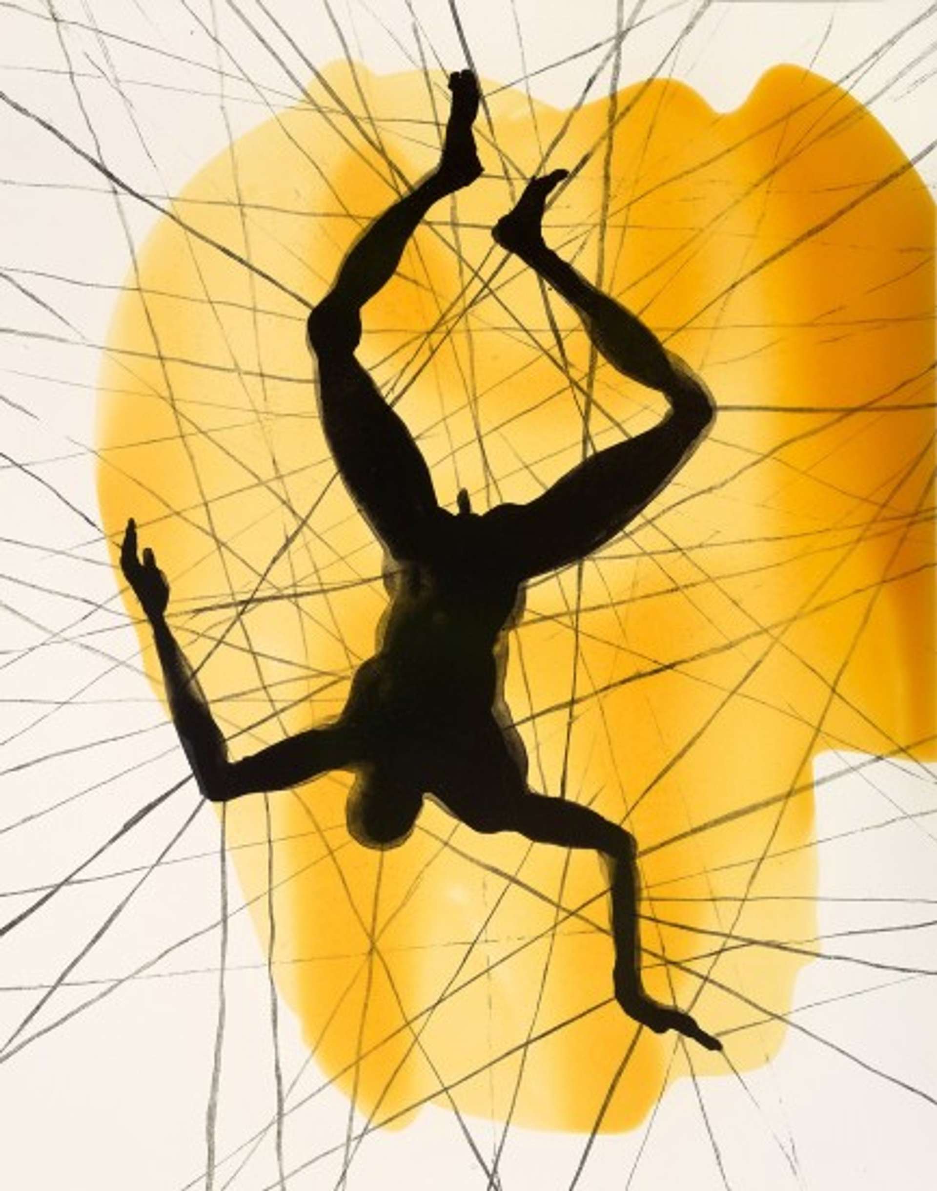 an image of a print by Antony Gormley, named Free. It depicts a black human silhouette flailing in the centre of the composition, against a background of black straight lines and a yellow gradient.