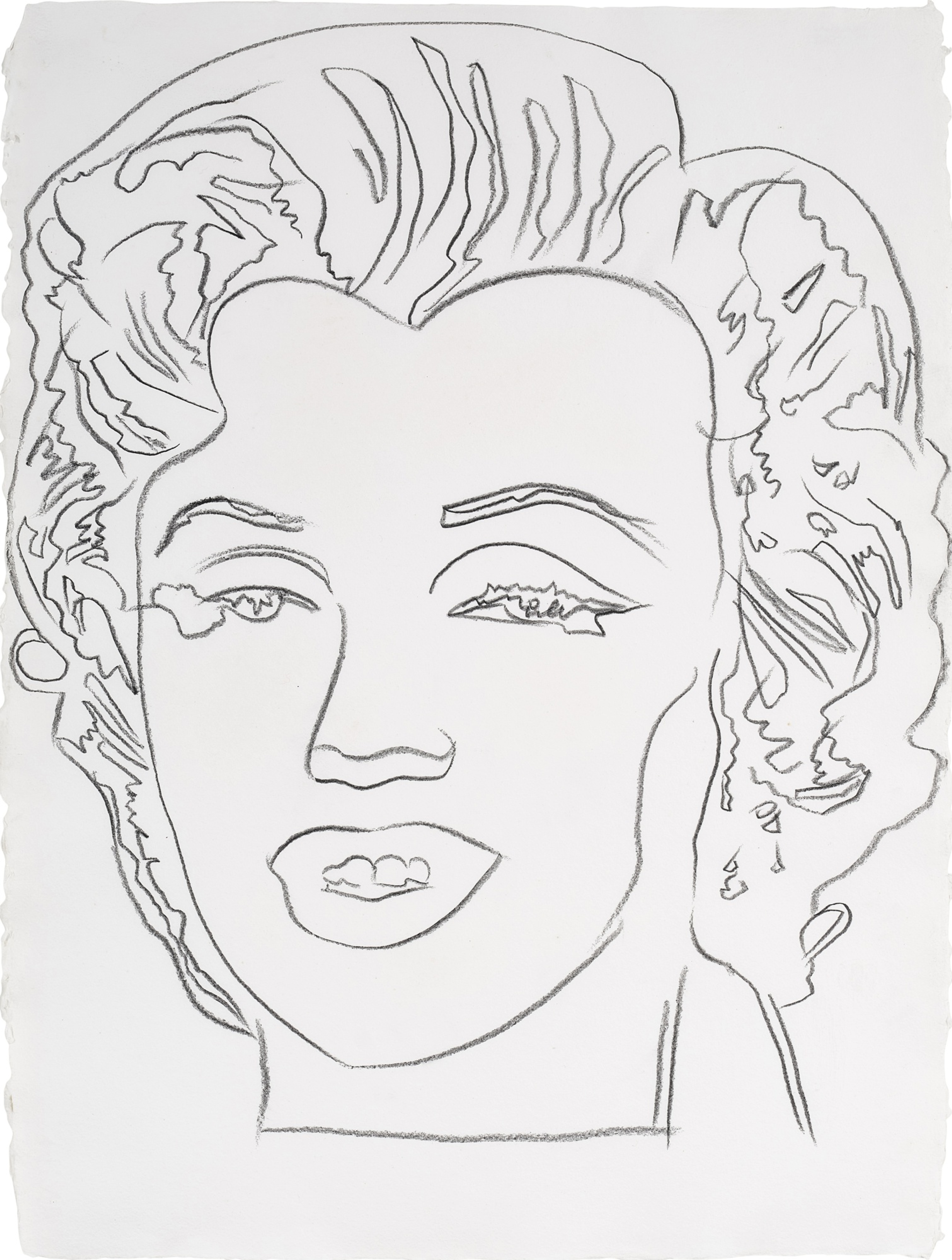 A monochrome drawing of actress Marilyn Monroe by Andy Warhol. She is shown with half-closed eyelids and a voluptuous mouth.