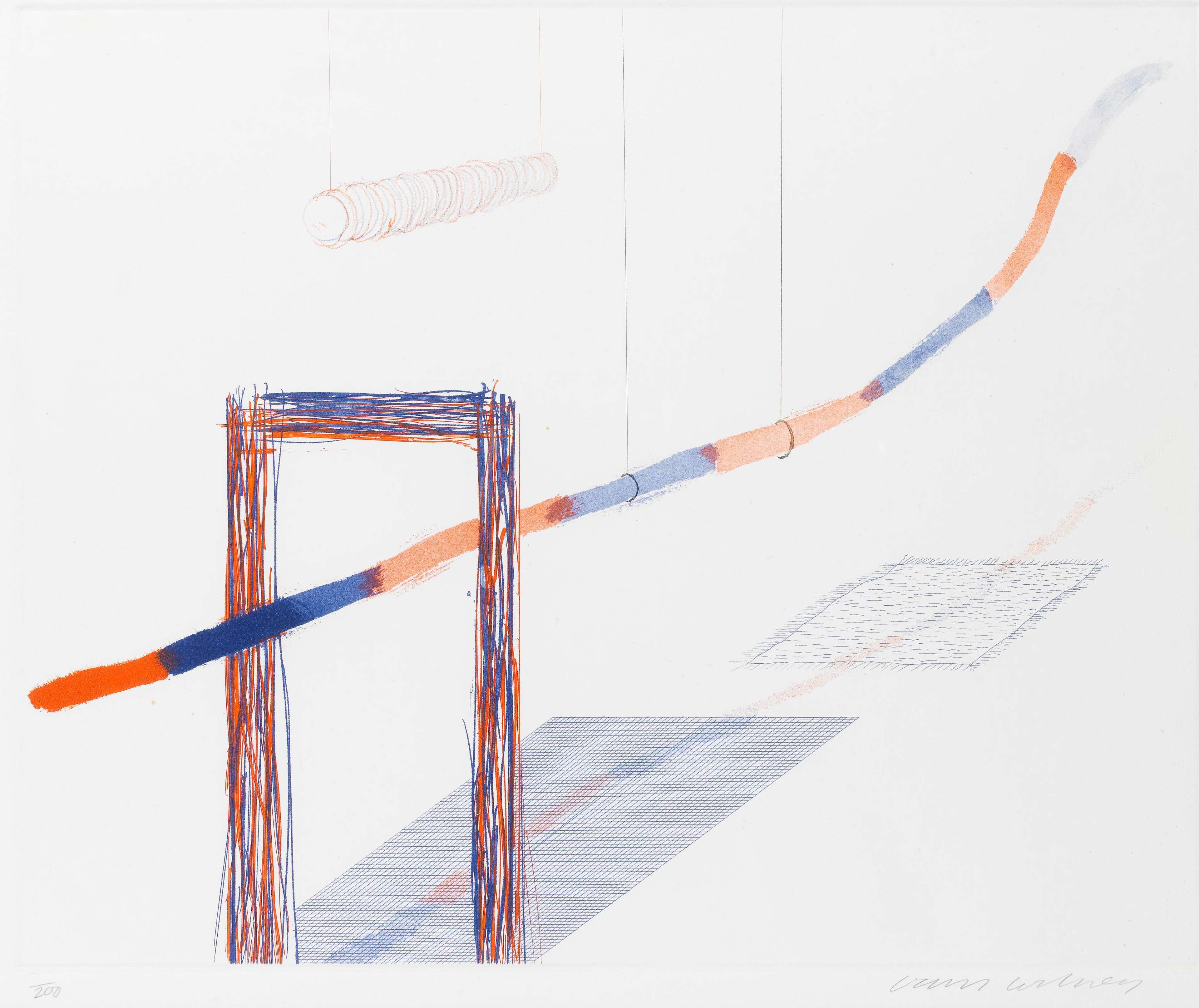 David Hockney’s It Picks Its Way. An intaglio print of an orange and blue tube floating through a doorway.