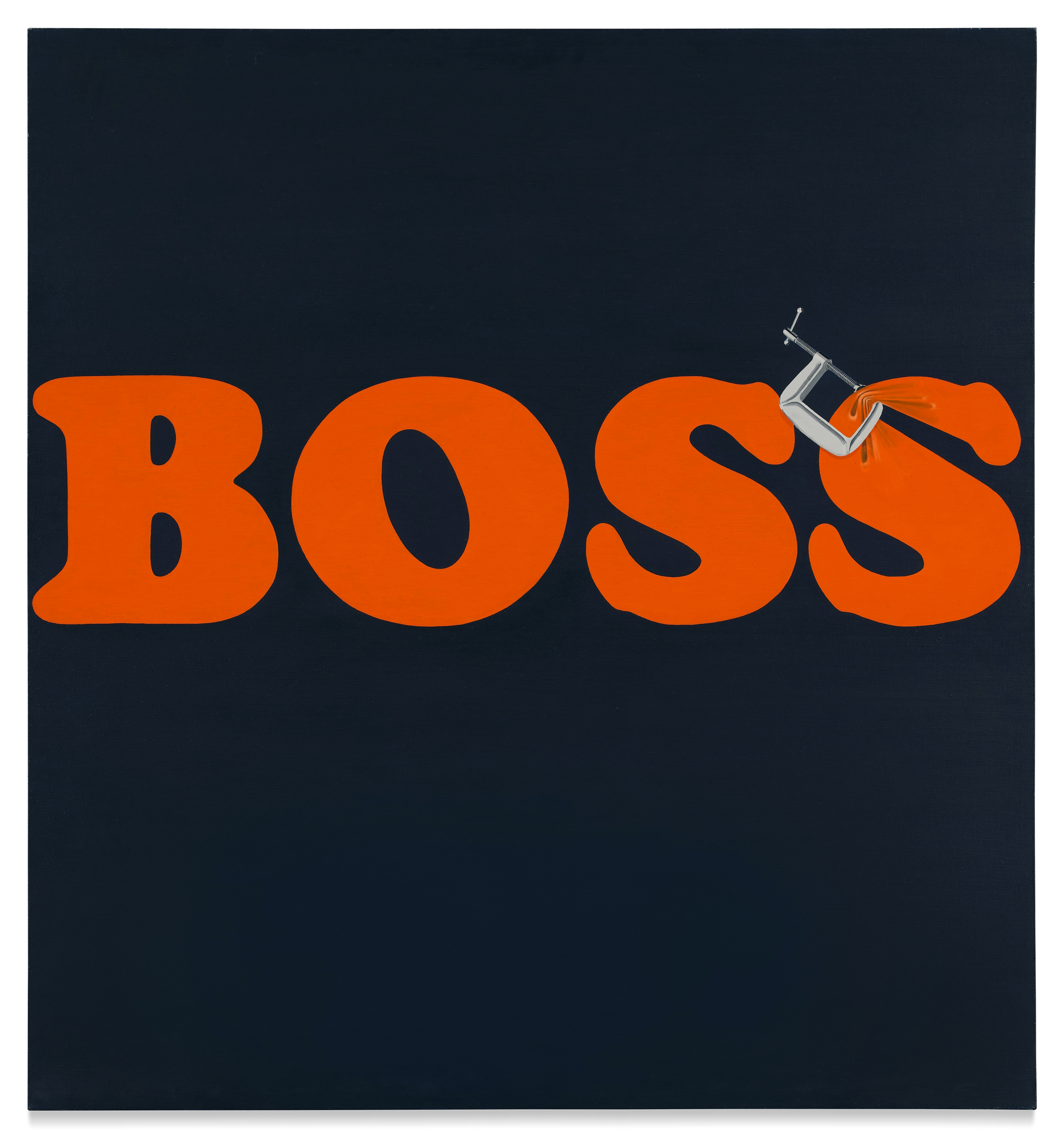 An image of a work by Ed Ruscha, that shows the word BOSS in all orange capitals against a dark blue background. A graphic-looking industrial C-clamp pinches the final S.