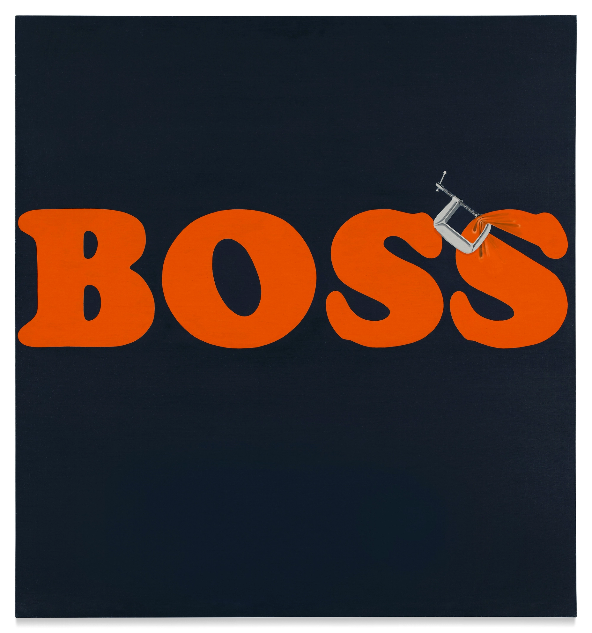 An image of a work by Ed Ruscha, that shows the word BOSS in all orange capitals against a dark blue background. A graphic-looking industrial C-clamp pinches the final S.