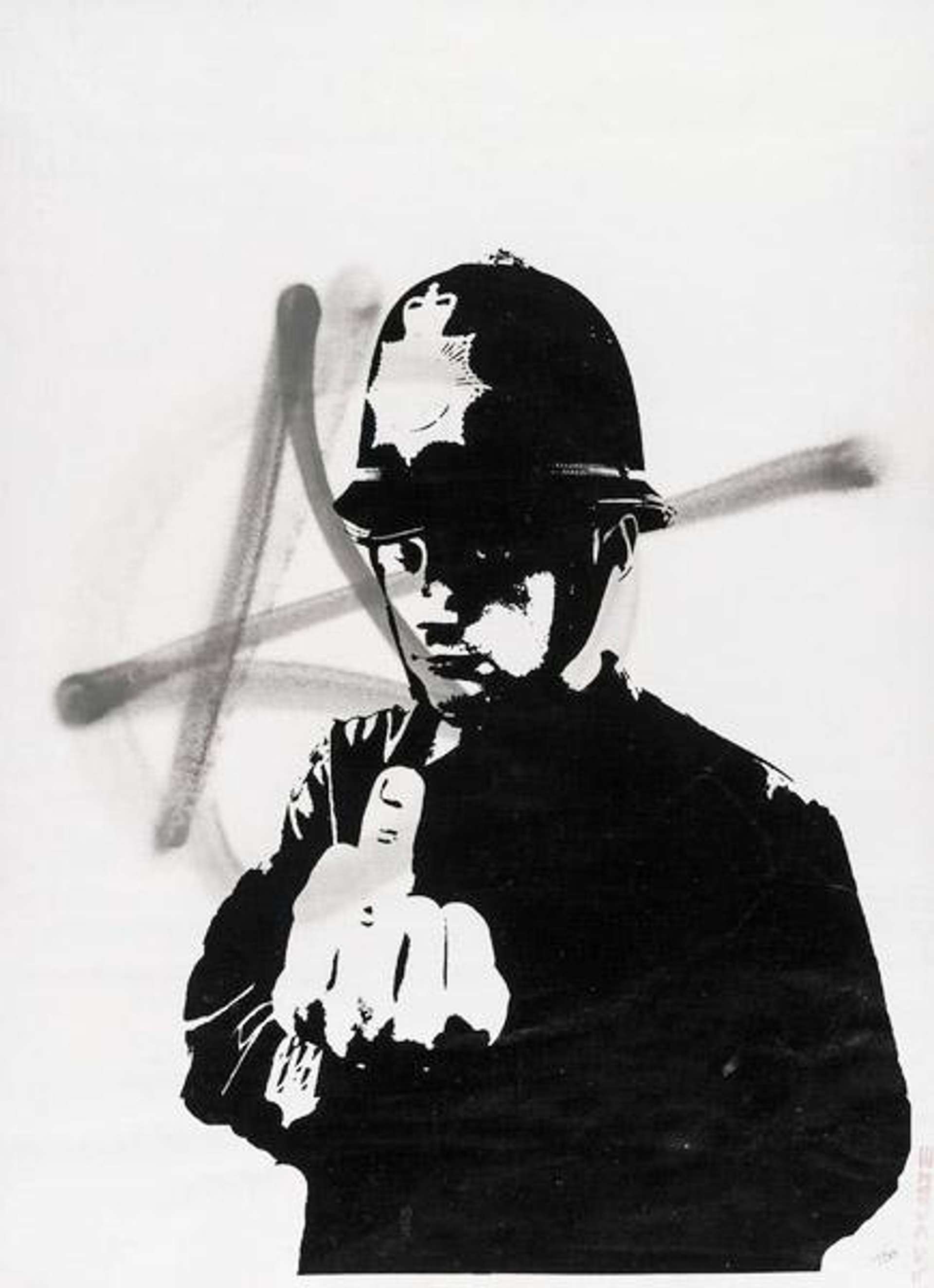 A screenprint by Banksy depicting a uniformed police officer flipping the bird at the viewer, with a spraypainted anarchy symbol in the background.
