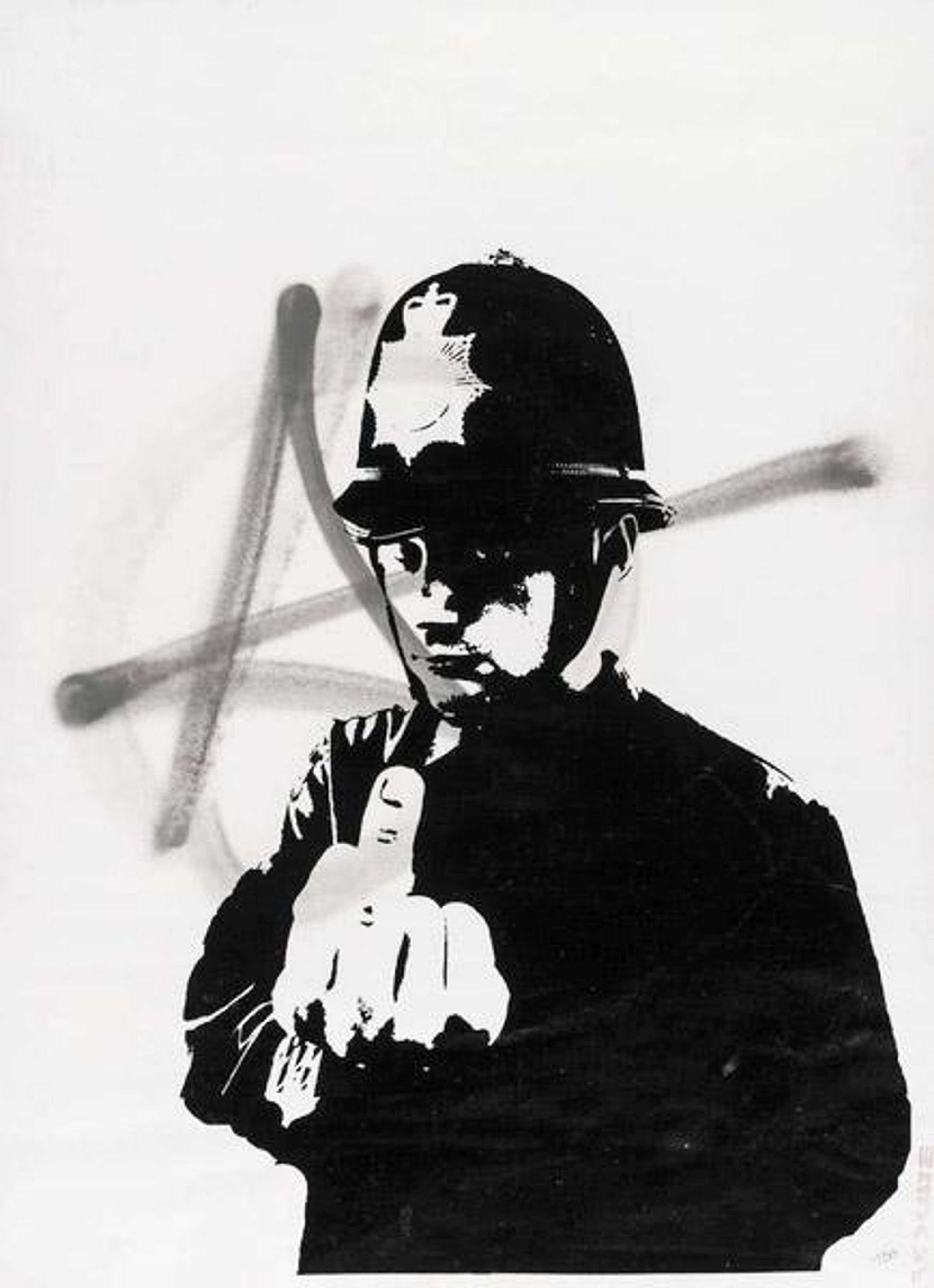 A screenprint by Banksy depicting a uniformed police officer flipping the bird at the viewer, with a spraypainted anarchy symbol in the background.