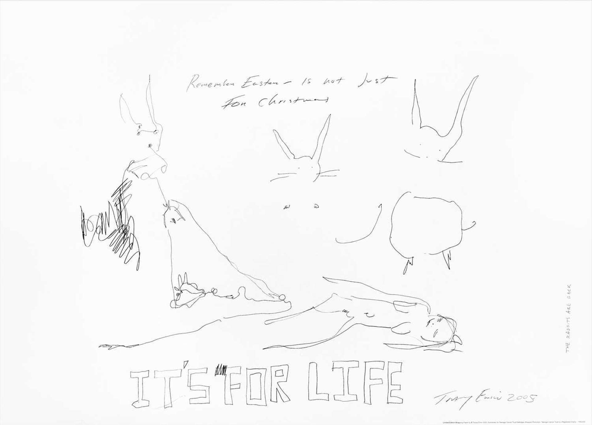 Sketch of a woman’s nude silhouette on the ground surrounded by rabbits