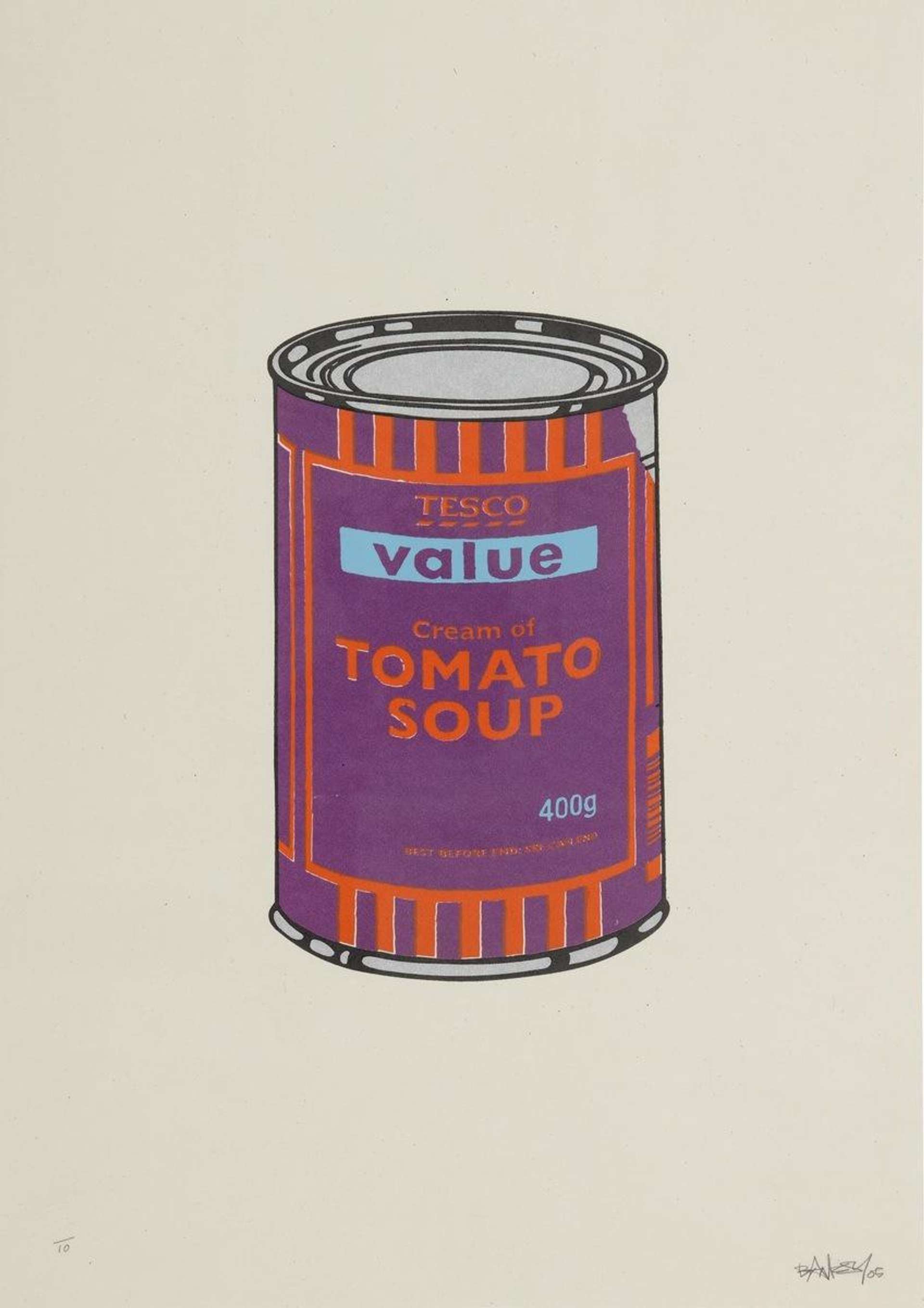 An image of a soup can by Banksy. It reads Tesco Value Cream of Tomato Soup, and is done in purple, orange and blue against a white background.
