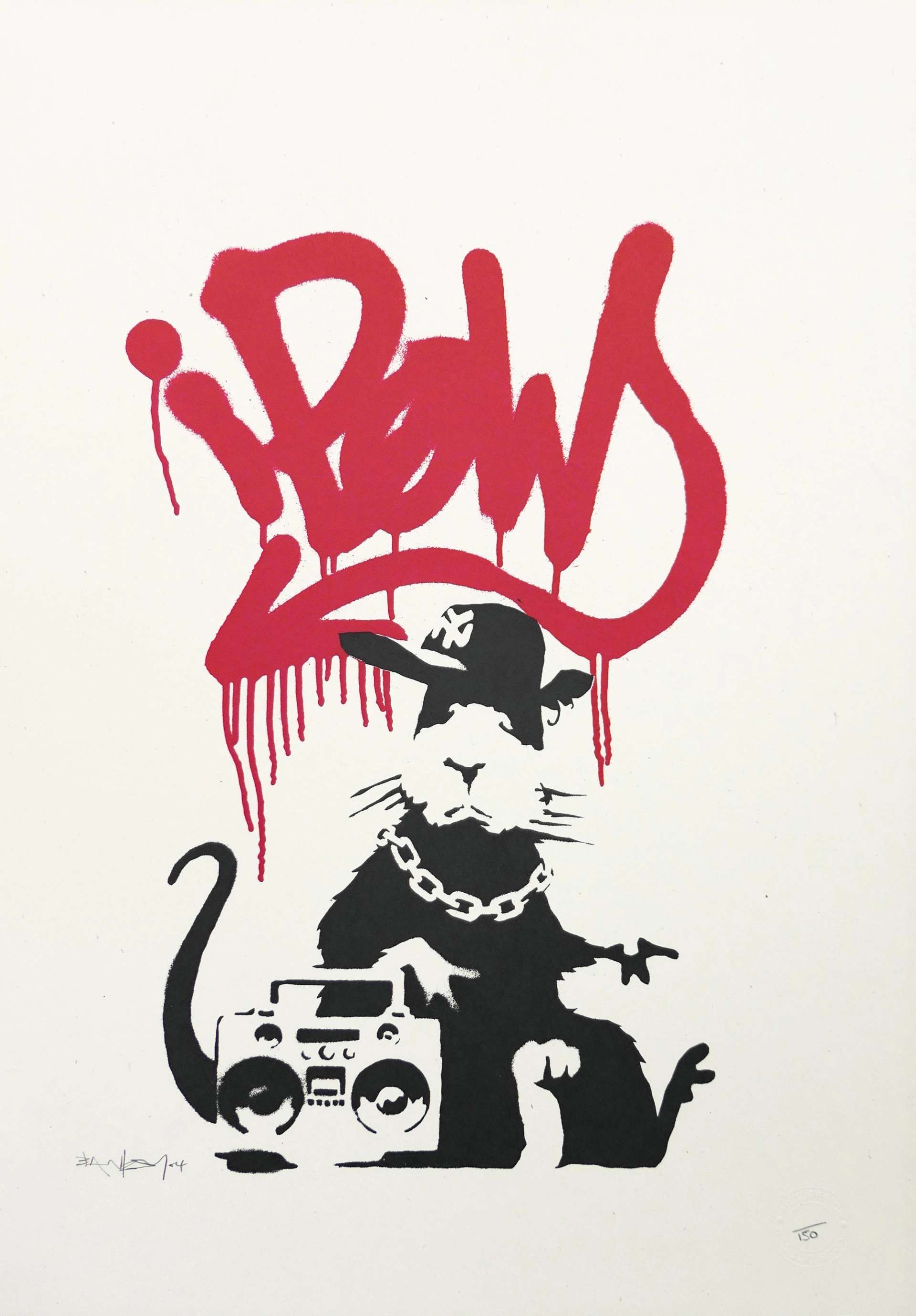 Gangsta Rat (Red) is largely monochrome print in Banksy’s spray-stencil style, portraying a rat sitting next to a boombox. The character is wearing accessories typical of “gangster” street wear, such as a New York Mets baseball cap, an ear piercing and a long chain with a medal. There is a red tag behind the rat saying “IPOW” as the central splash of colour on the image.