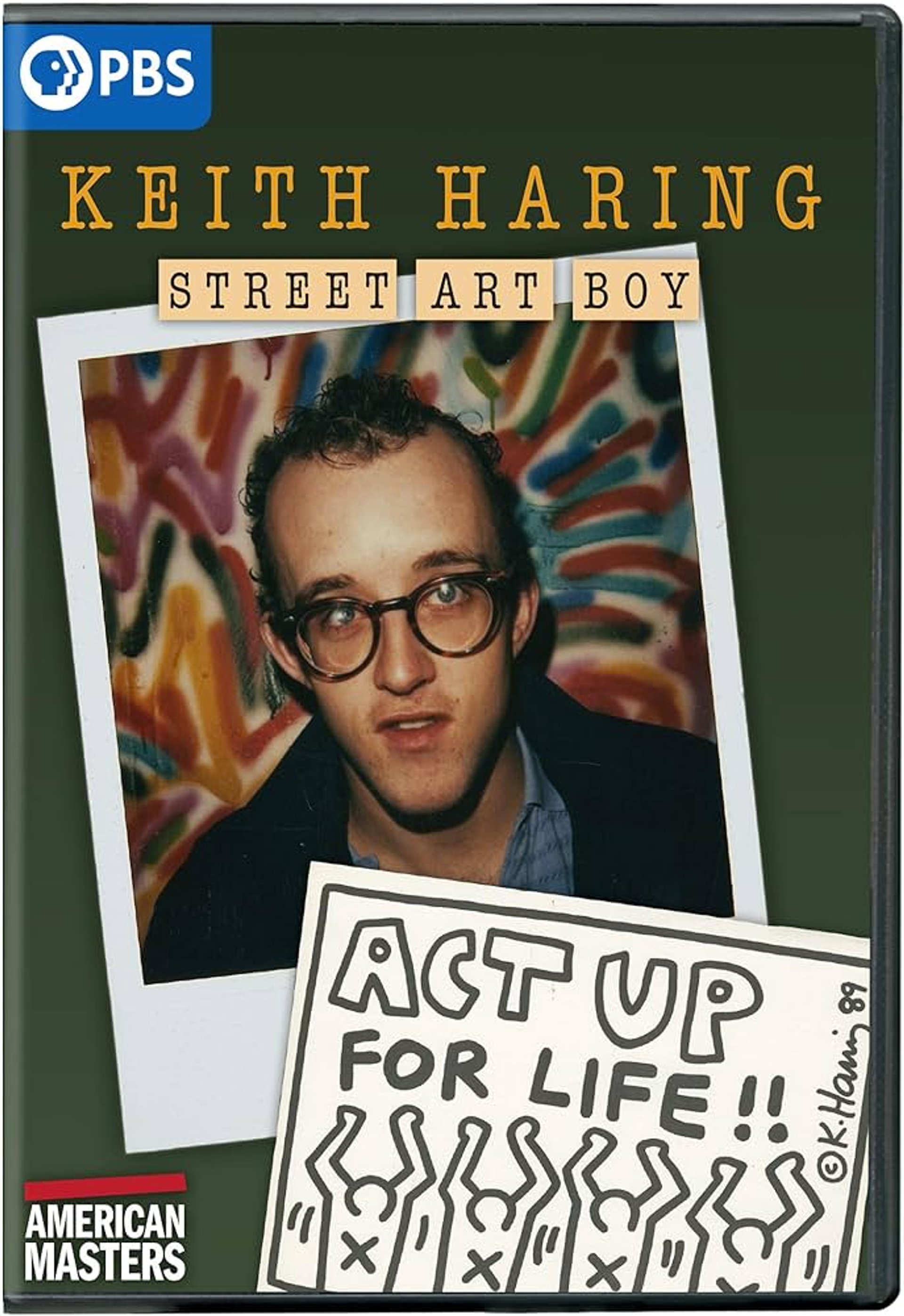 An image of the film poster, which shows a polaroid-style photo of Keith Haring, wearing his signature dark glasses and looking at the camera. His artwork Act Up For Life is in the foreground.