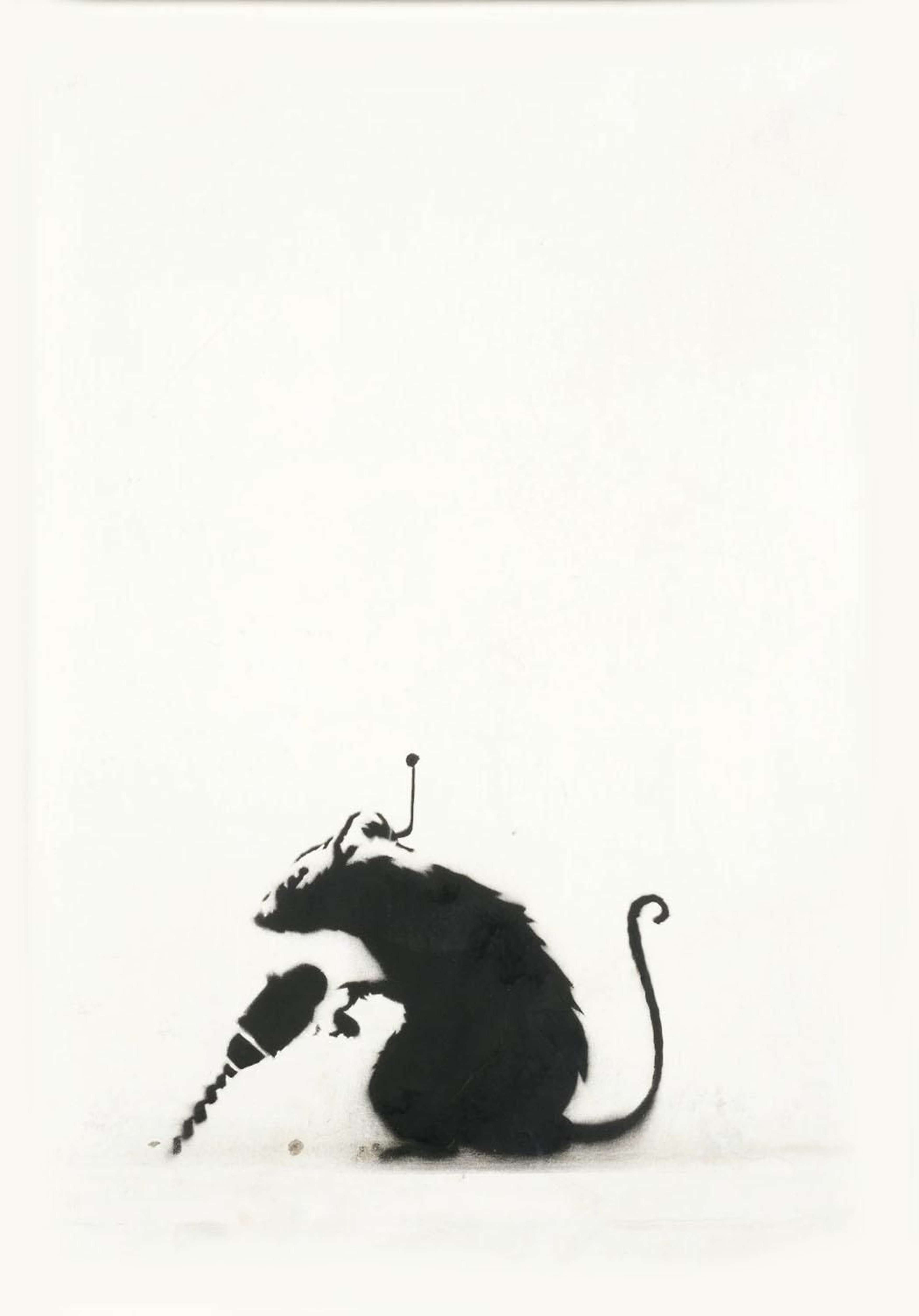 Banksy's Drill Rat. A spray paint work of a black rat with an electric drill.