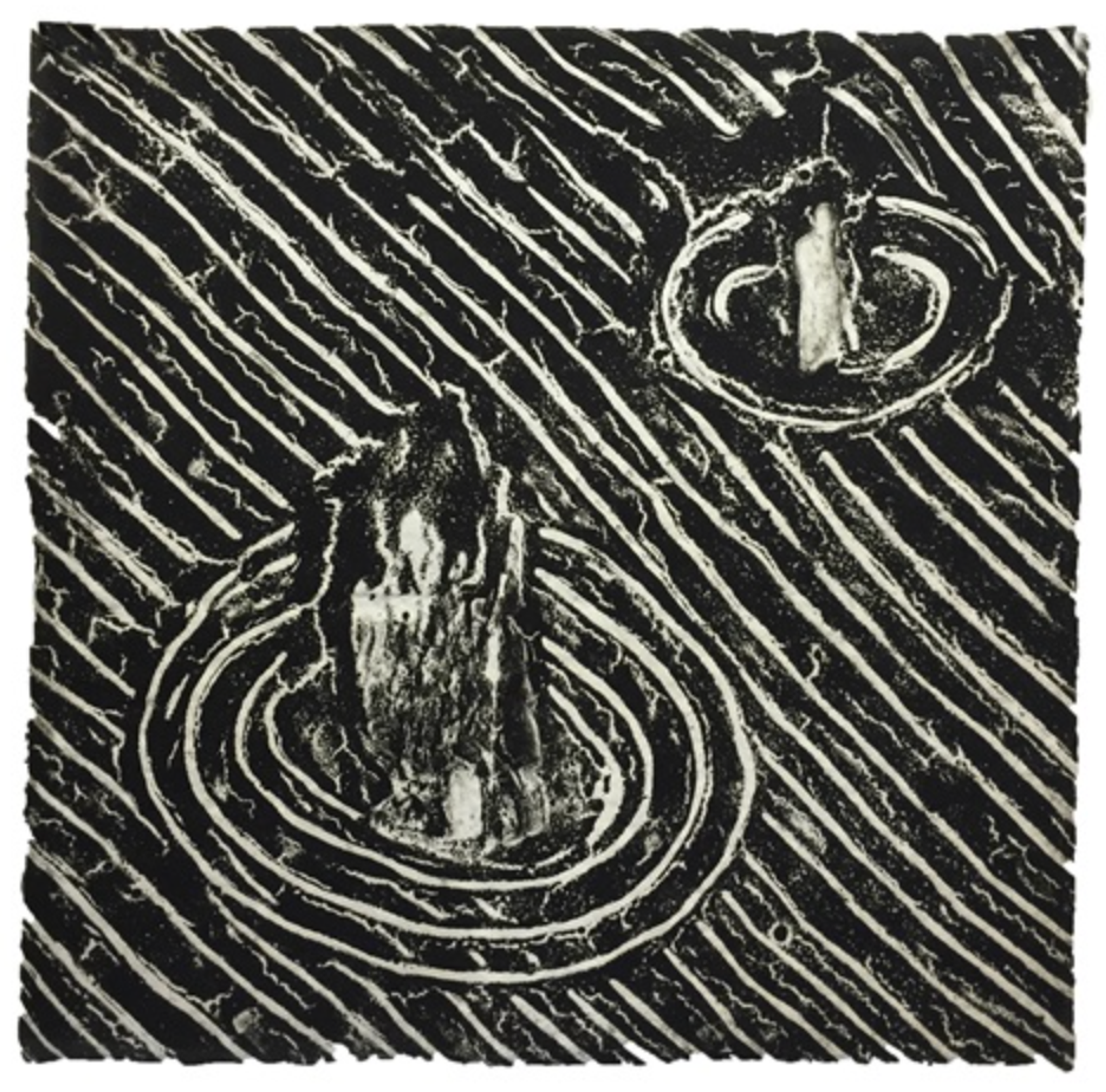 A black ink print on white paper depicting two burnt-out candles on a table surface.