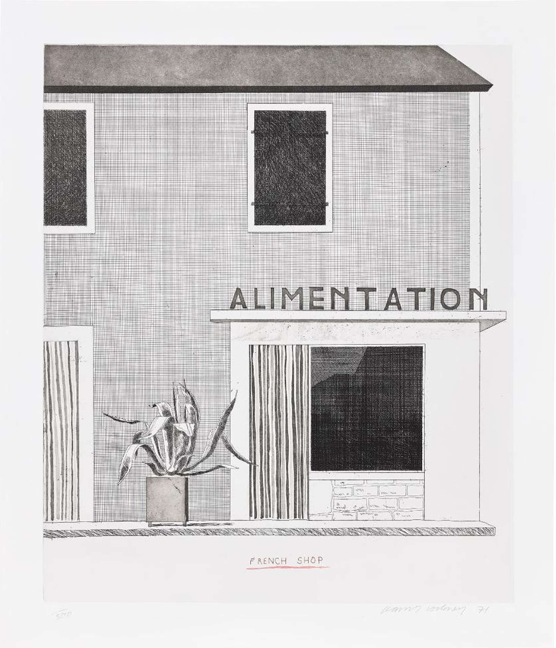  David Hockney’s French Shop. A black and white intaglio print of the exterior of a modern shaped building with a plant and the moniker “ALIMENTATION” on the building. 