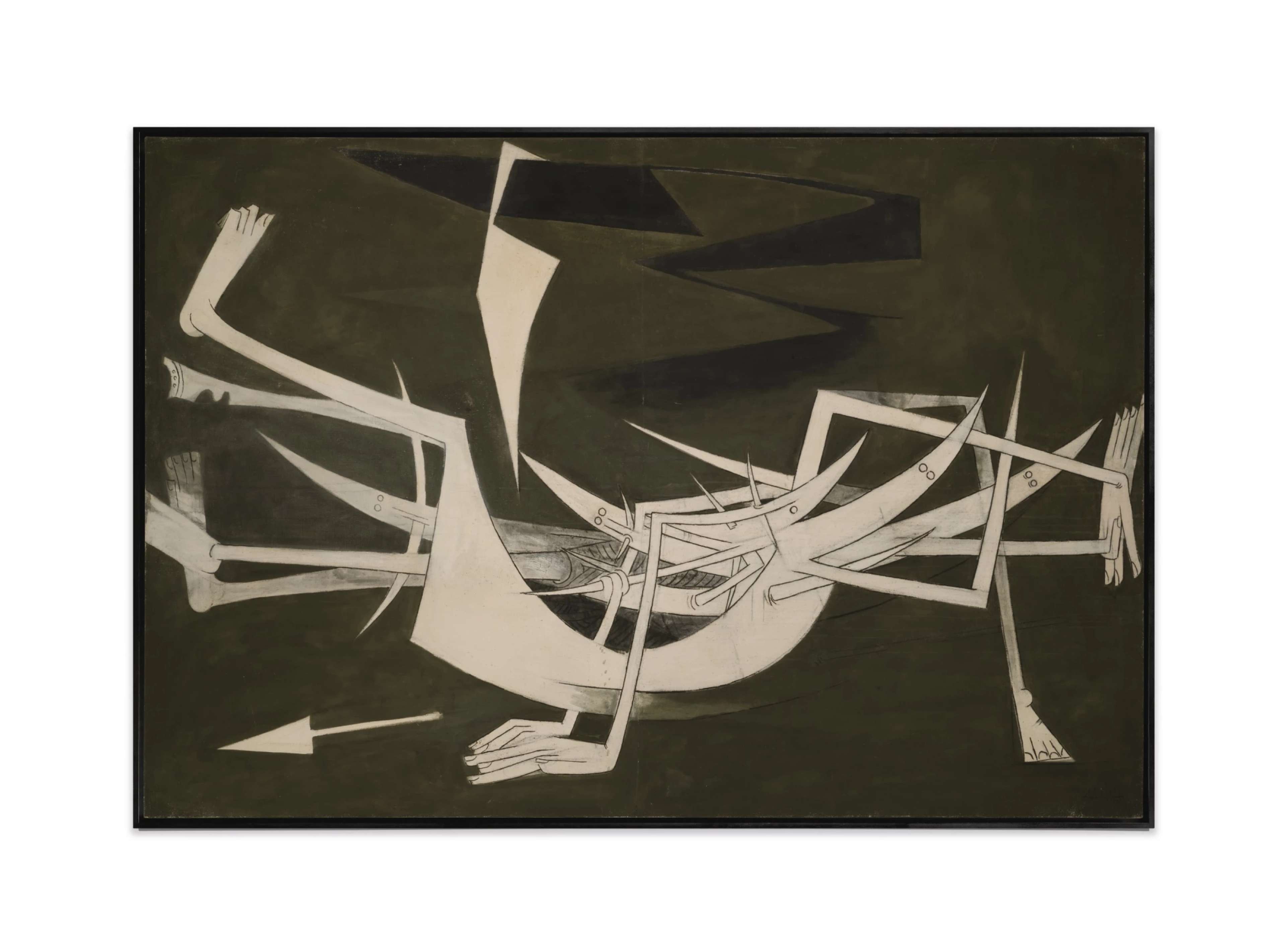 A horizontal composition with abstract white linear forms against a dark green background. The painting features angular, ghostly shapes that appear to float in space, created with sharp white lines that suggest fragmented or deconstructed figures in a minimal, ethereal arrangement.