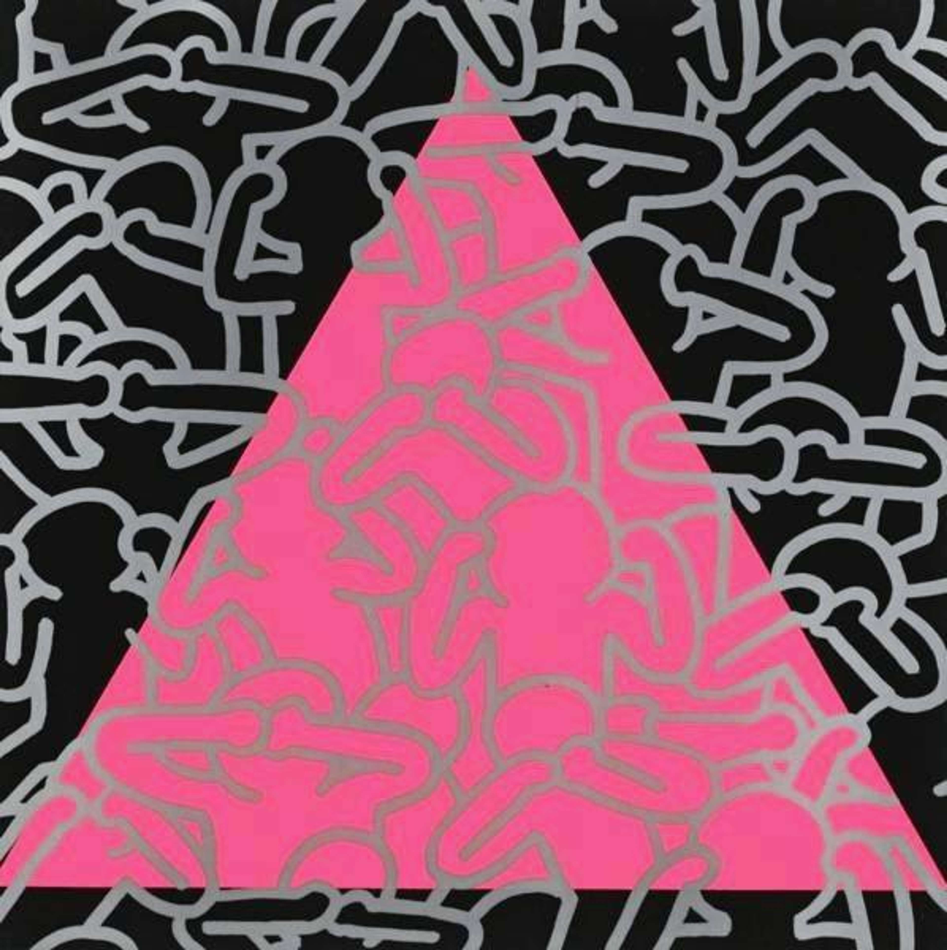 Keith Haring’s Silence Equals Death. A Pop Art screenprint of a pink triangle against a black square with figures covering their eyes, mouths, and noses. 