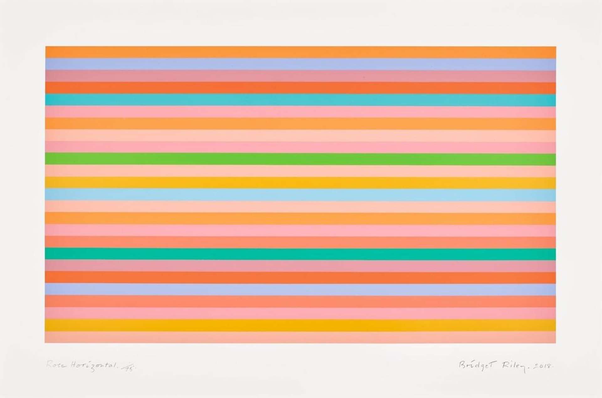 Bridget Riley’s Rose Horizontal. An Op Art screenprint of stacked rows of multicoloured stripes. 