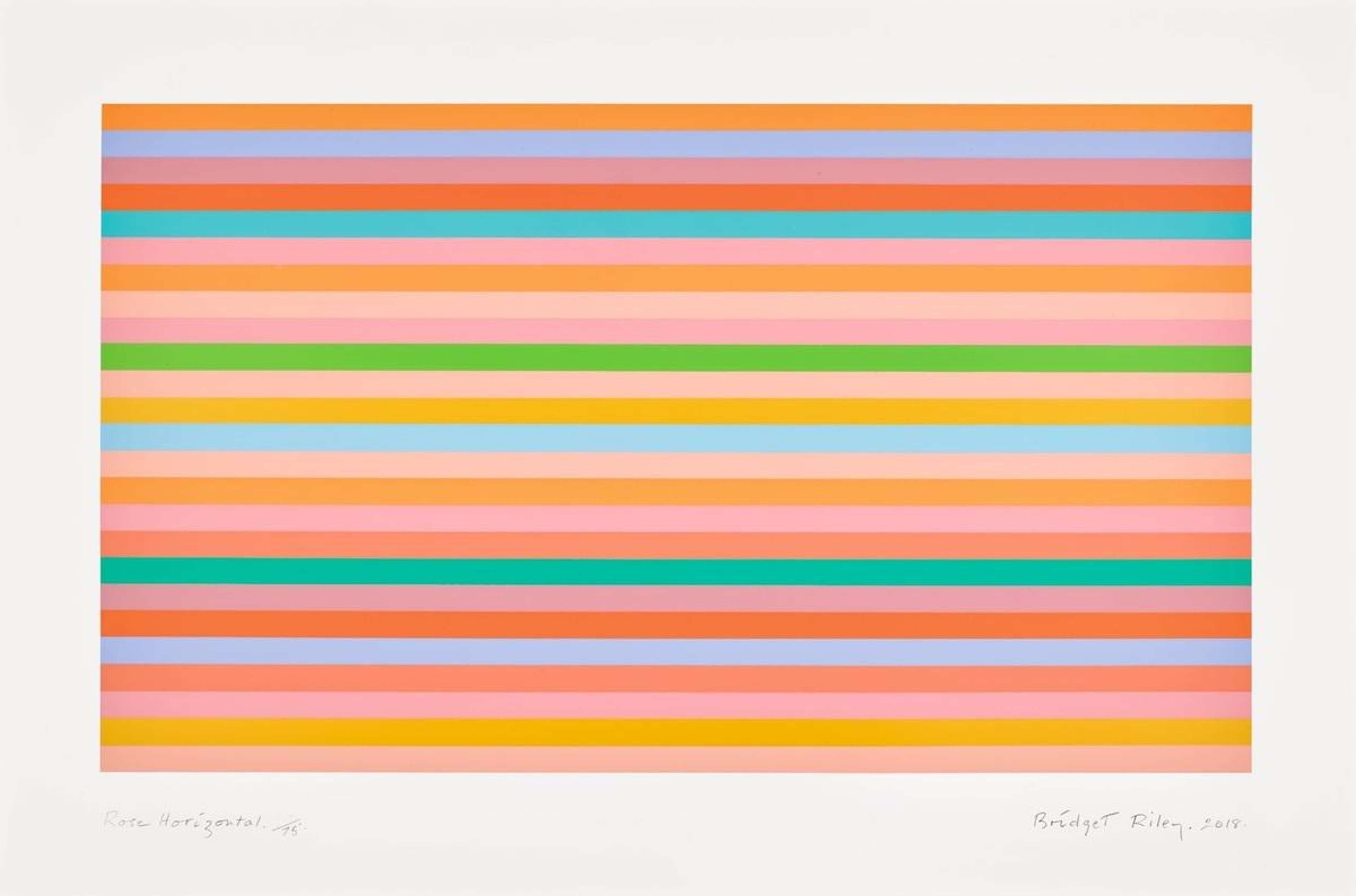 Bridget Riley’s Rose Horizontal. An Op Art screenprint of stacked rows of multicoloured stripes. 