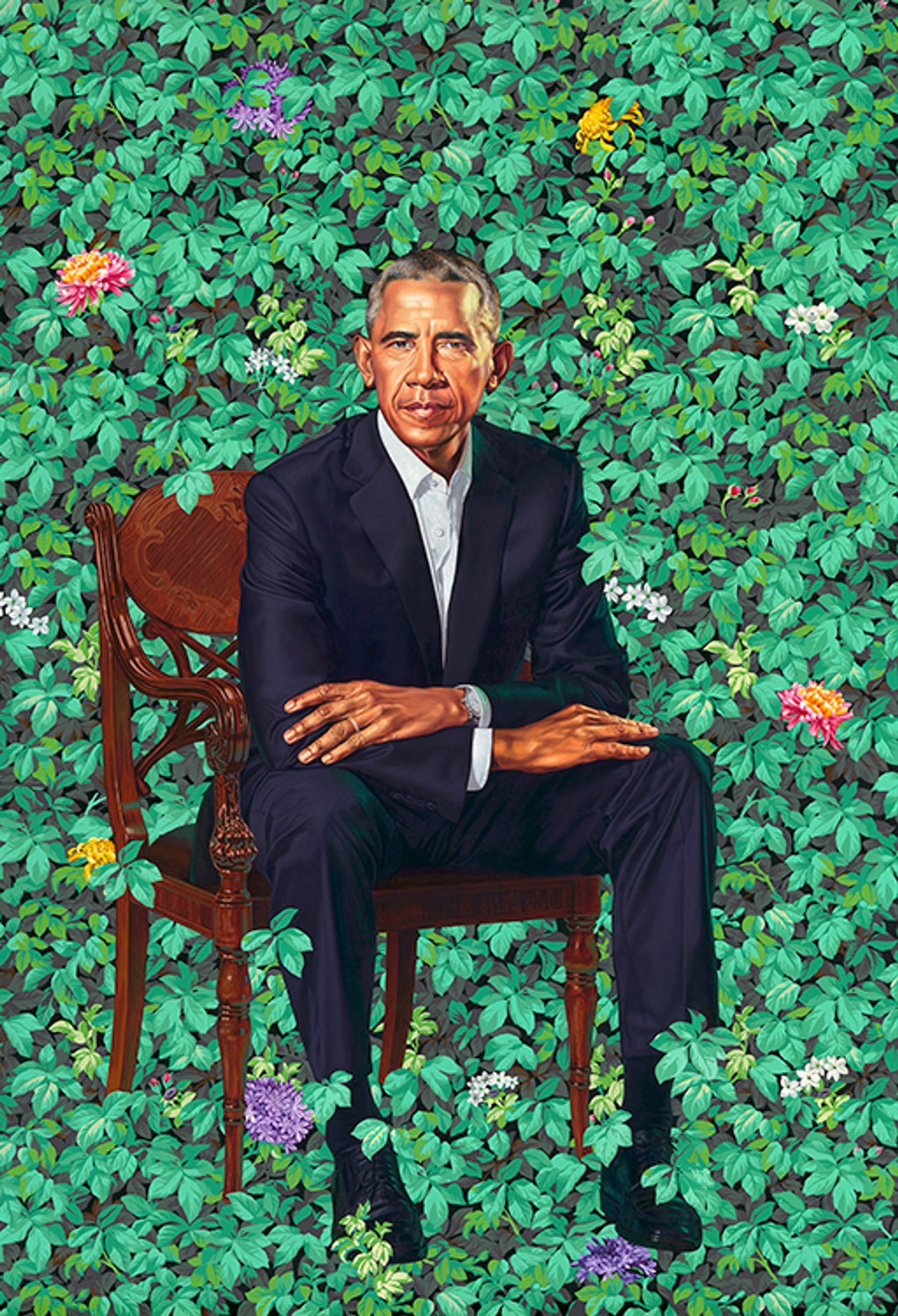 Kehinde Wiley’s Barack Hussein Obama. A presidential portrait of Barack Obama set against a bright green background of foliage.