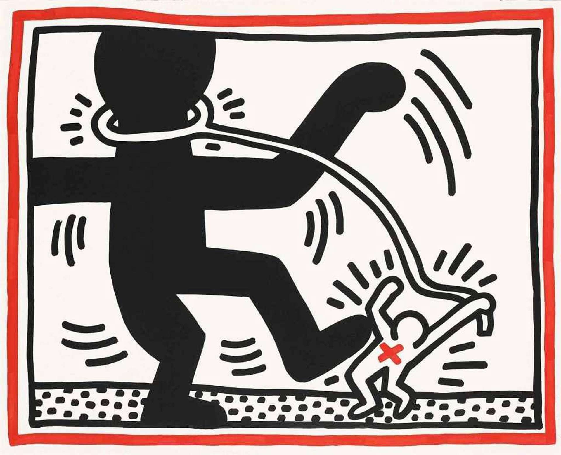 A black figure raising its foot, stepping on the outline of a white figure in the style of Pop Art