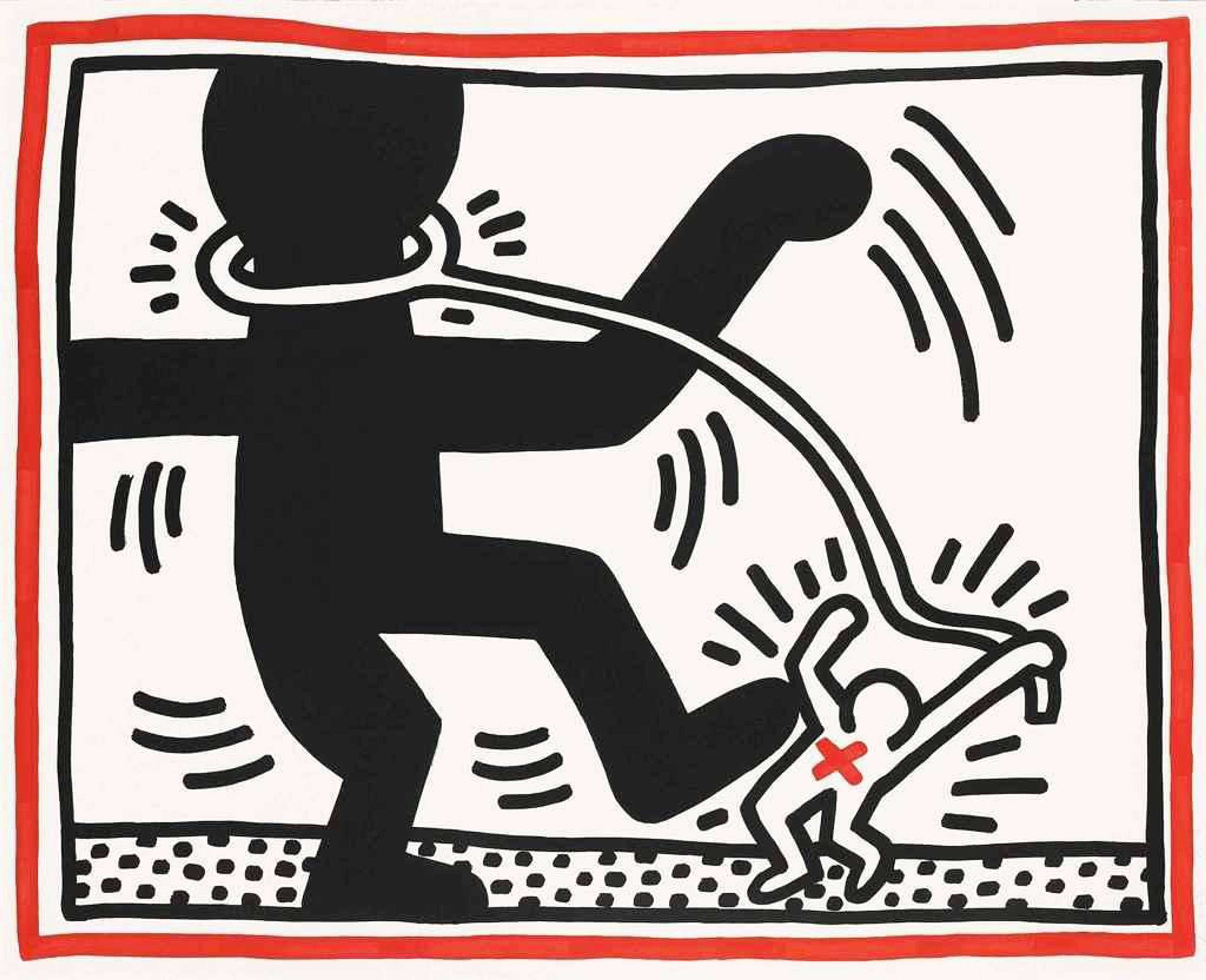 Keith Haring’s Free South Africa 2. A Pop Art print of a black figure raising its foot, stepping on the outline of a white figure.