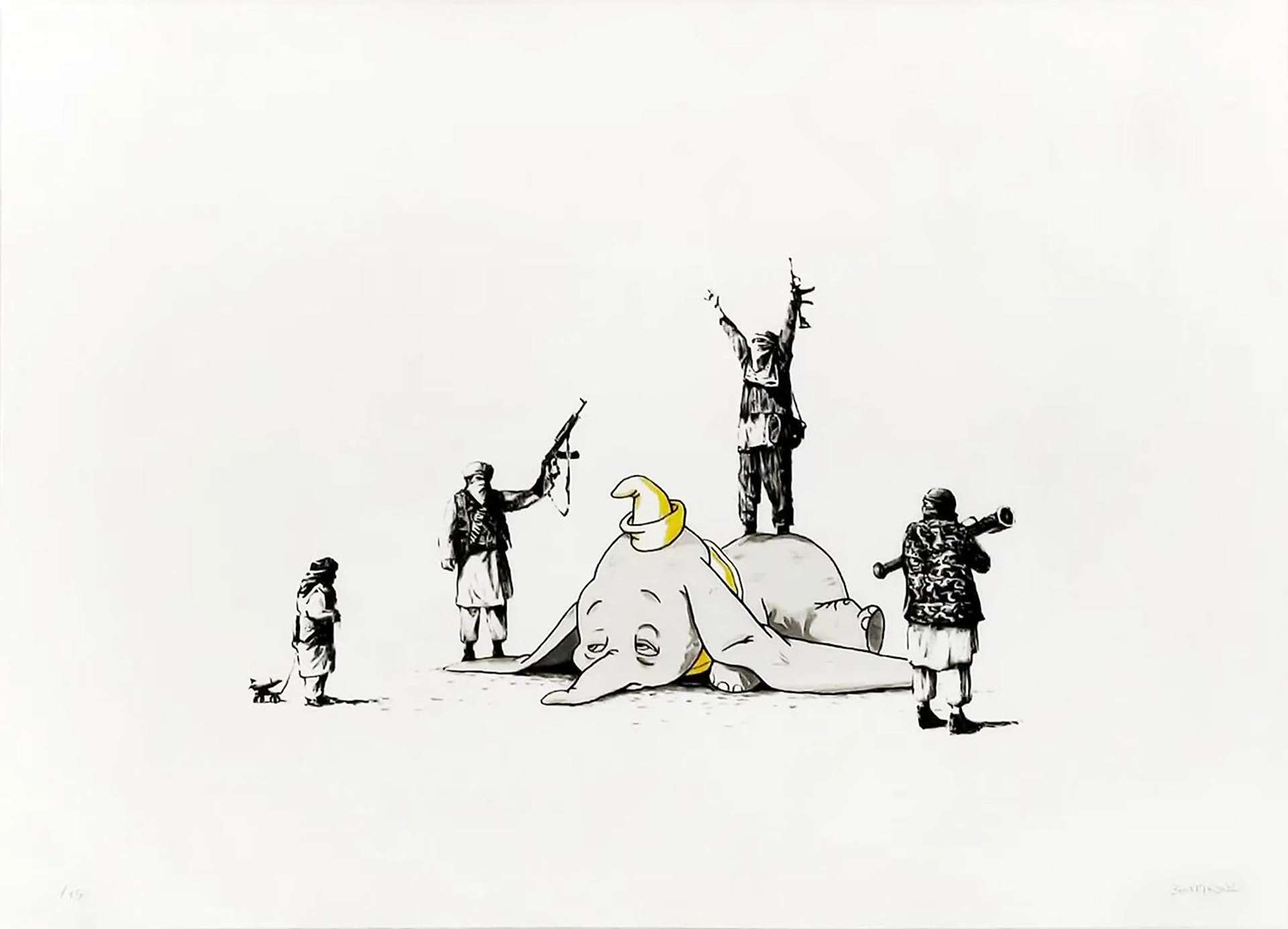 A hand finished screenprint by Banksy inspired by his film Rebel Rocket Attack. The print features rebel militants standing a top a flying elephant, with their guns pointed skywards