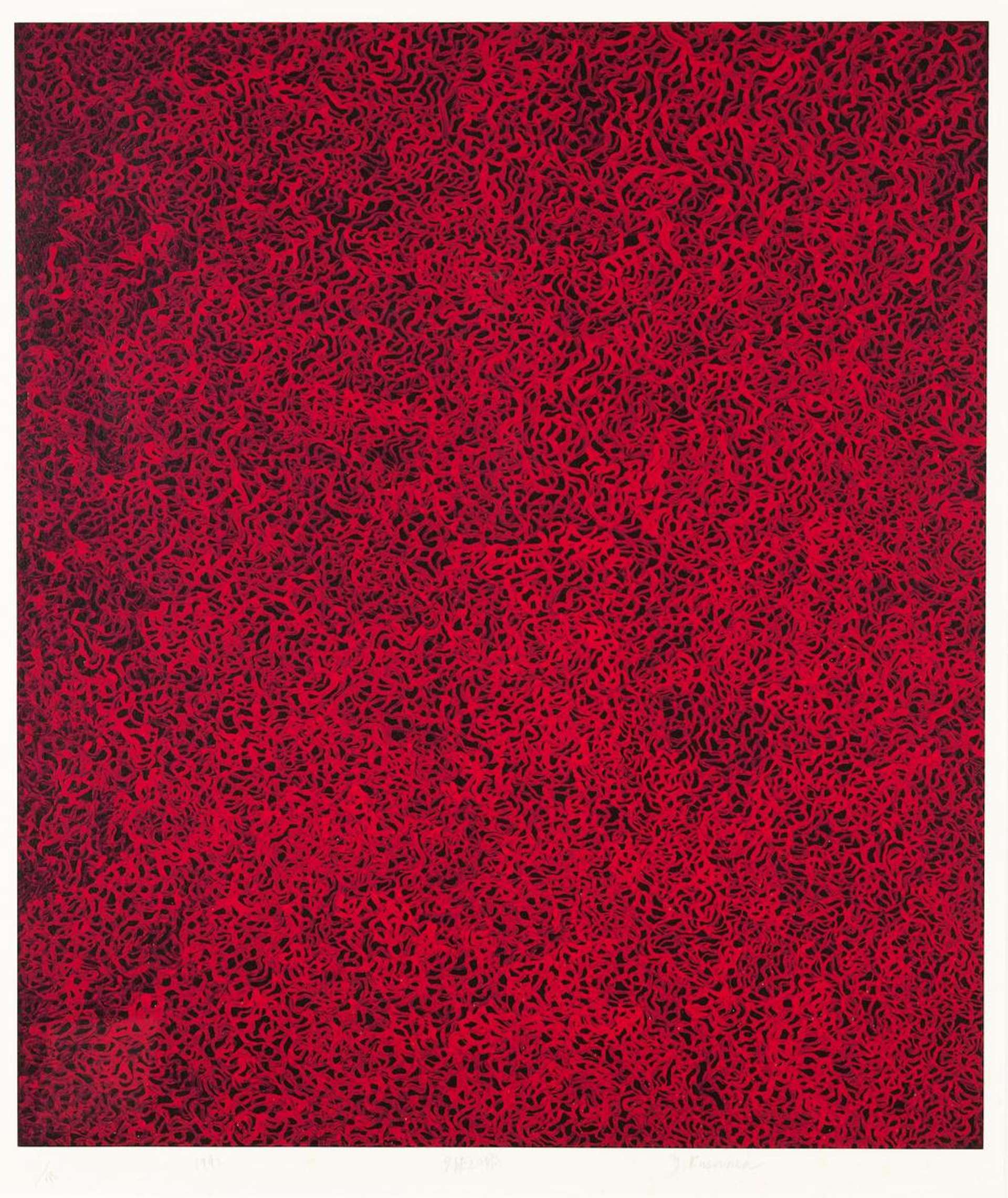 Yayoi Kusama’s Rain In The Evening Glow. A screenprint of a continuous pattern of red lines against a black background