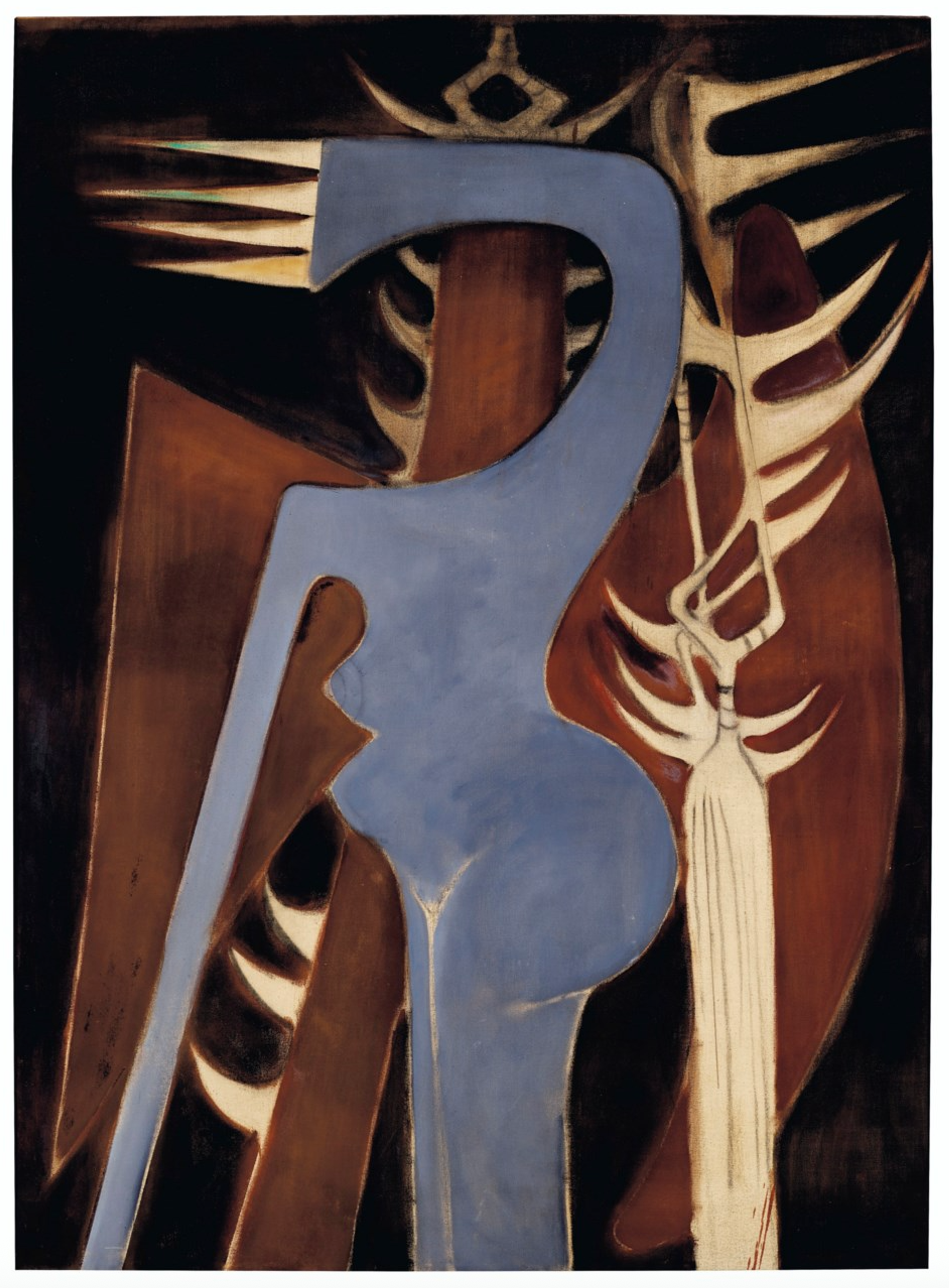 A vertically oriented canvas showing an elegant, purple-grey silhouetted female figure with a distinctive spiked trumpet-shaped head seen in profile. Behind her, a winged, dark red shape stands in her shadow, also adorned with beige spikes. Behind her is a tall, spiked object that appears to be both a tail and a staff. Behind these elements, the background is black. 