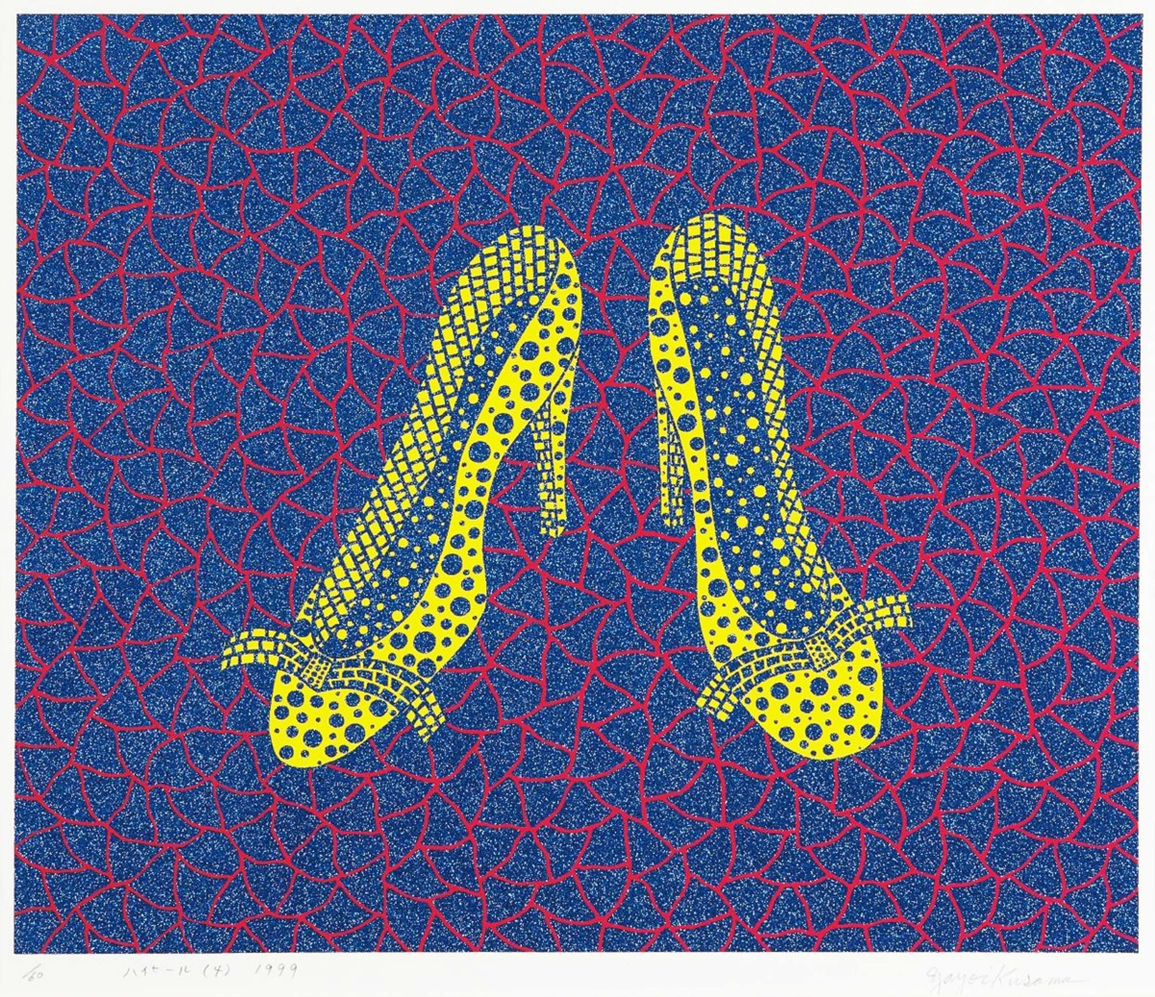 Bright, patterned stilettos are isolated against Kusama’s netted pattern, celebrating fashion as self-expression.