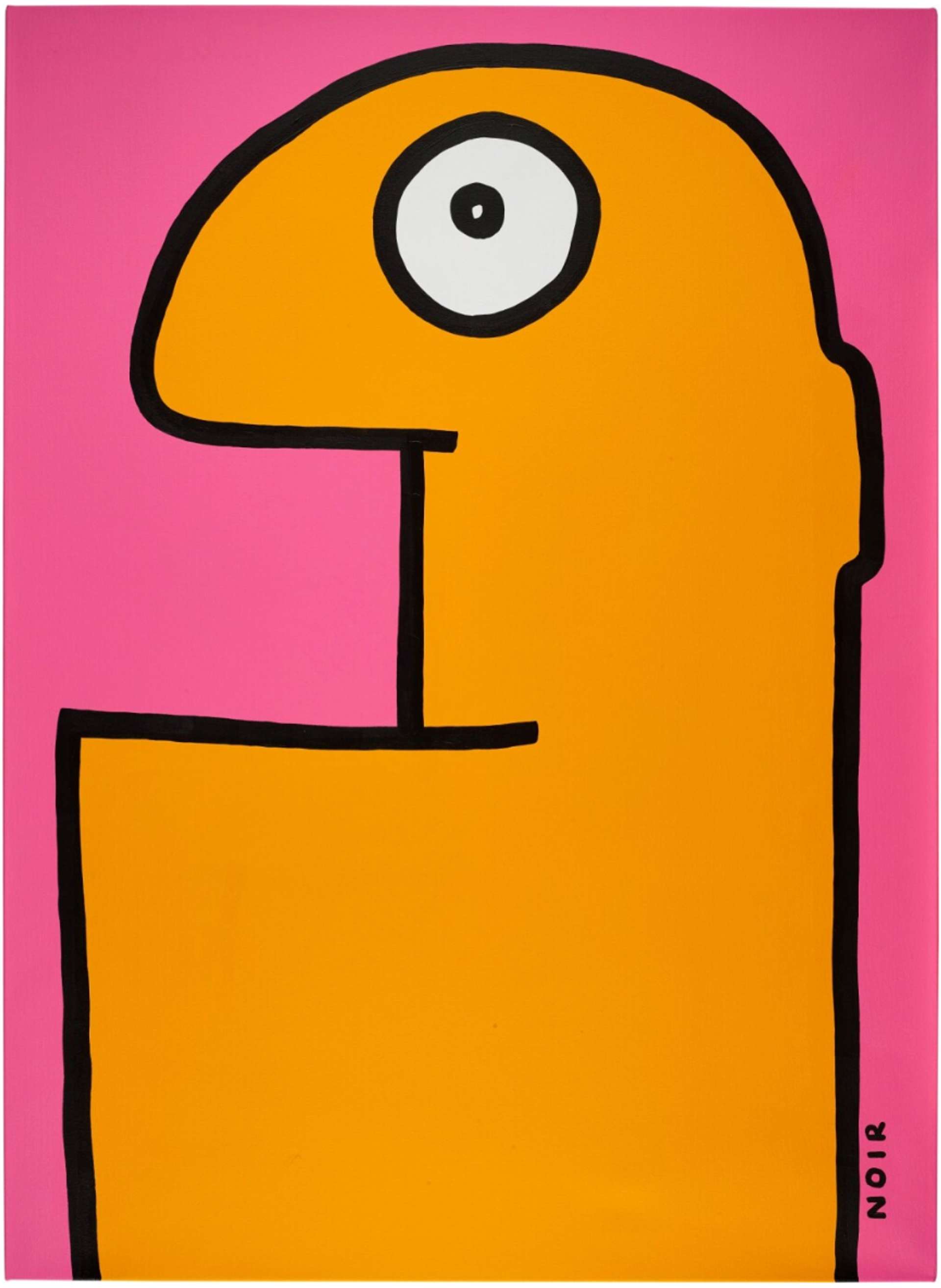  A vibrant pink and orange abstracted palette with a bold black line drawing of an abstracted caricature. The figure is two-dimensional and features a prominent white eyeball. The artwork is signed "NOIR" in the bottom right-hand corner.
