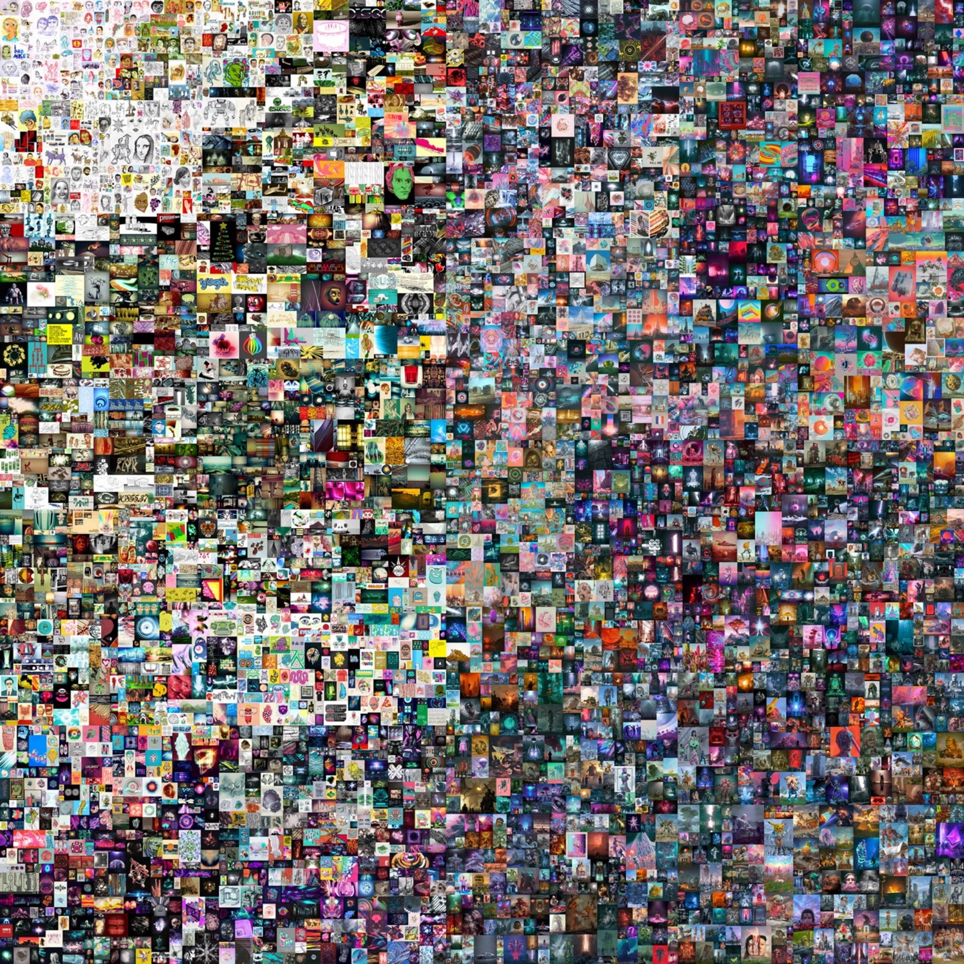 A digital collage of 5000 images featuring controversial, contemporary and pop culture graphics.
