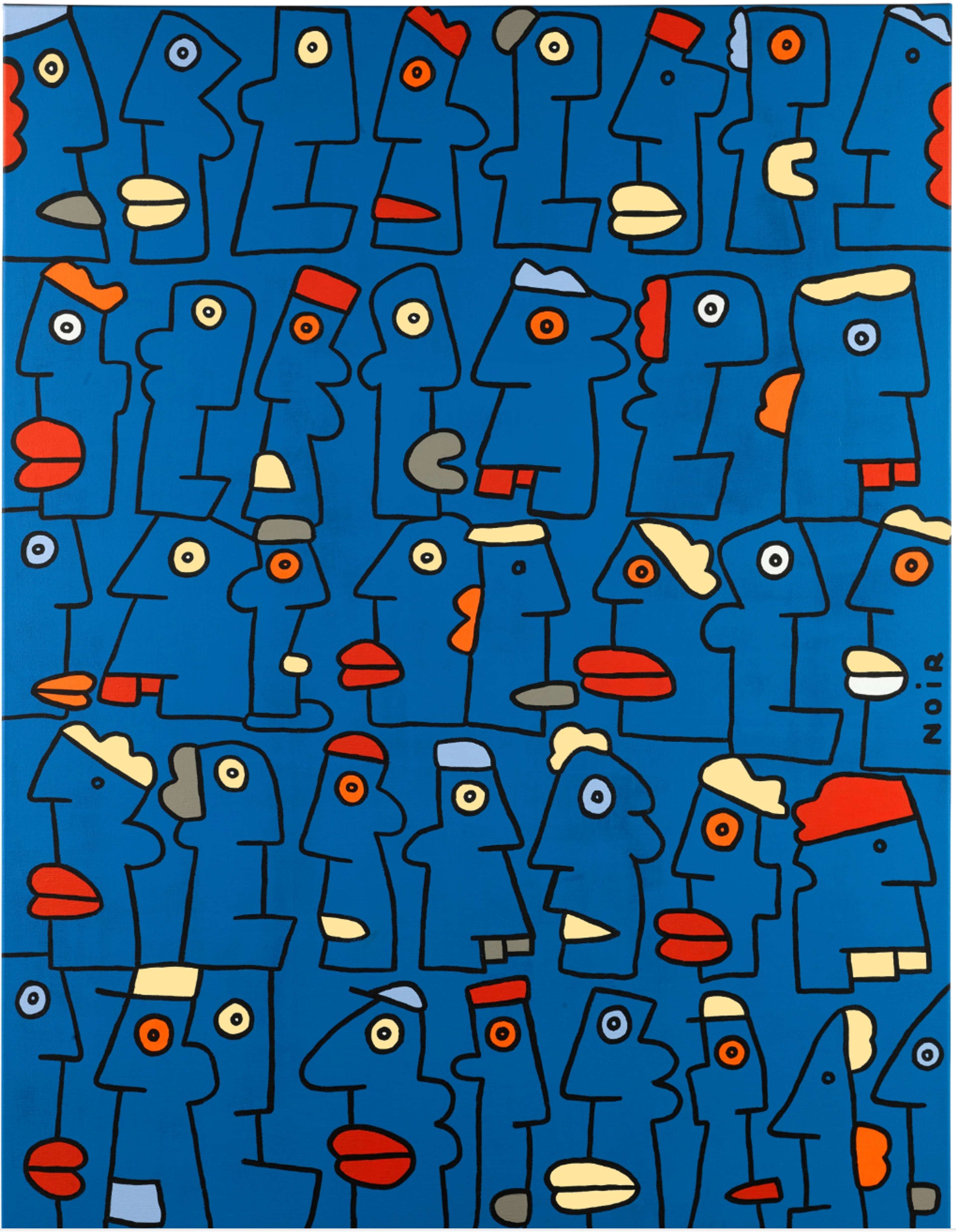 Abstract caricature faces in bold black lines arranged in a Tetris-like puzzle against a vibrant cerulean blue backdrop. The faces feature exaggerated lips in red, blue and white hair, and some with protruding teeth.