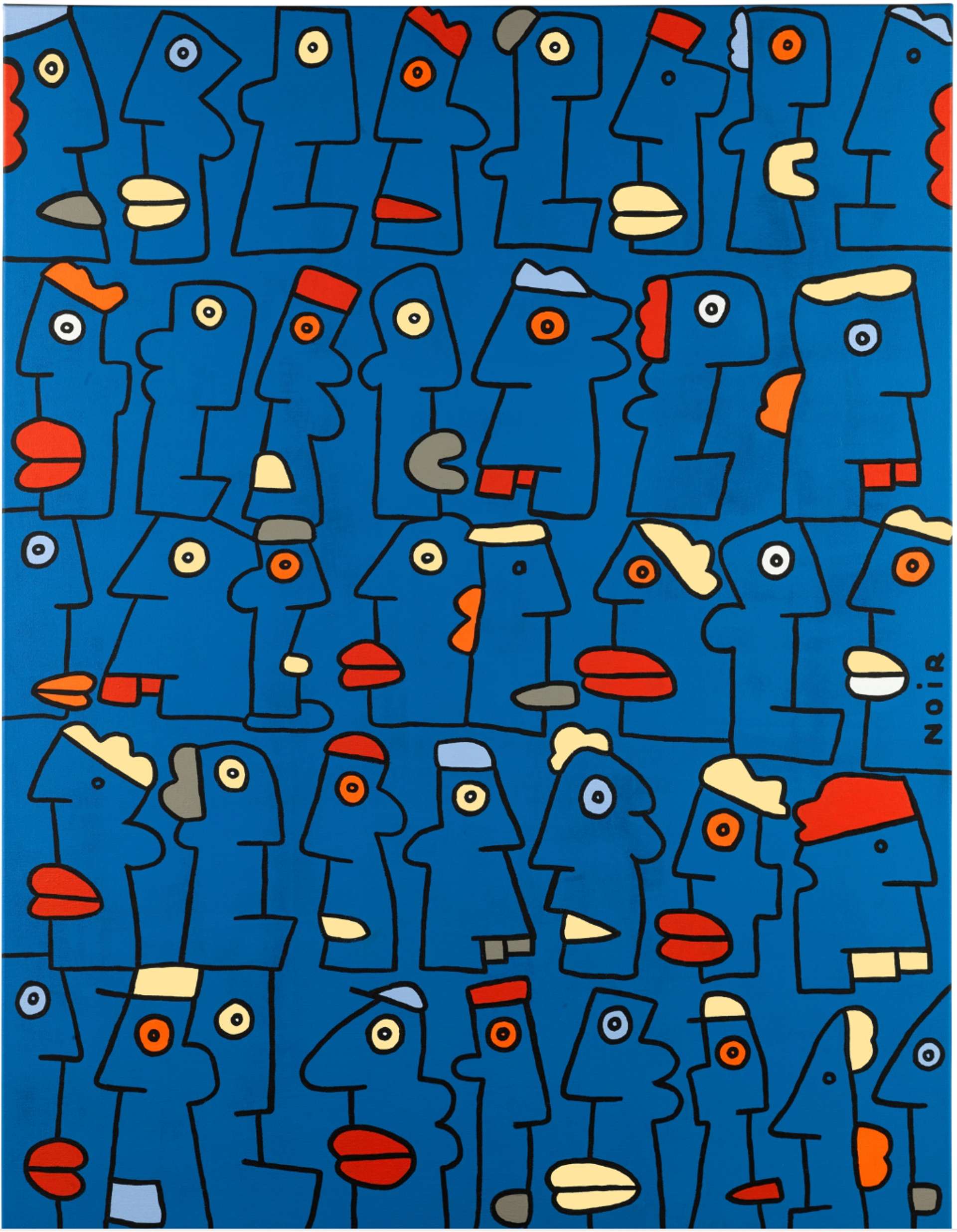 Abstract caricature faces in bold black lines arranged in a Tetris-like puzzle against a vibrant cerulean blue backdrop. The faces feature exaggerated lips in red, blue and white hair, and some with protruding teeth.