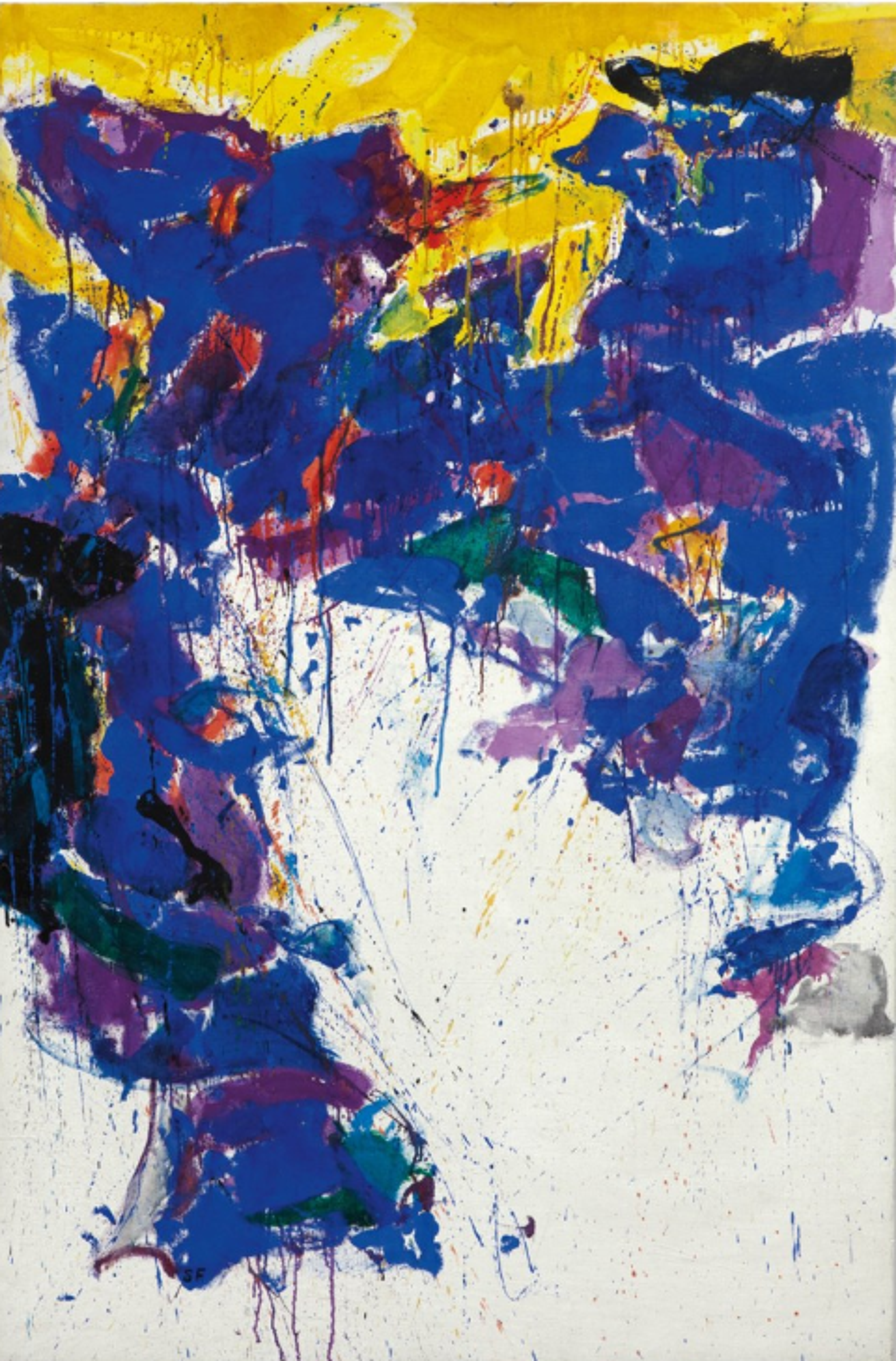 An abstract composition in purple and yellow, with a white canvas background. The yellow brushstrokes run across the very top of the canvas, with purple and blue paint mingling as the brushstrokes move further down. The paint from each stroke drips, causing overlap of colour. Red paint is visible behind some of the purple, and a green brushstroke sits at the centre.