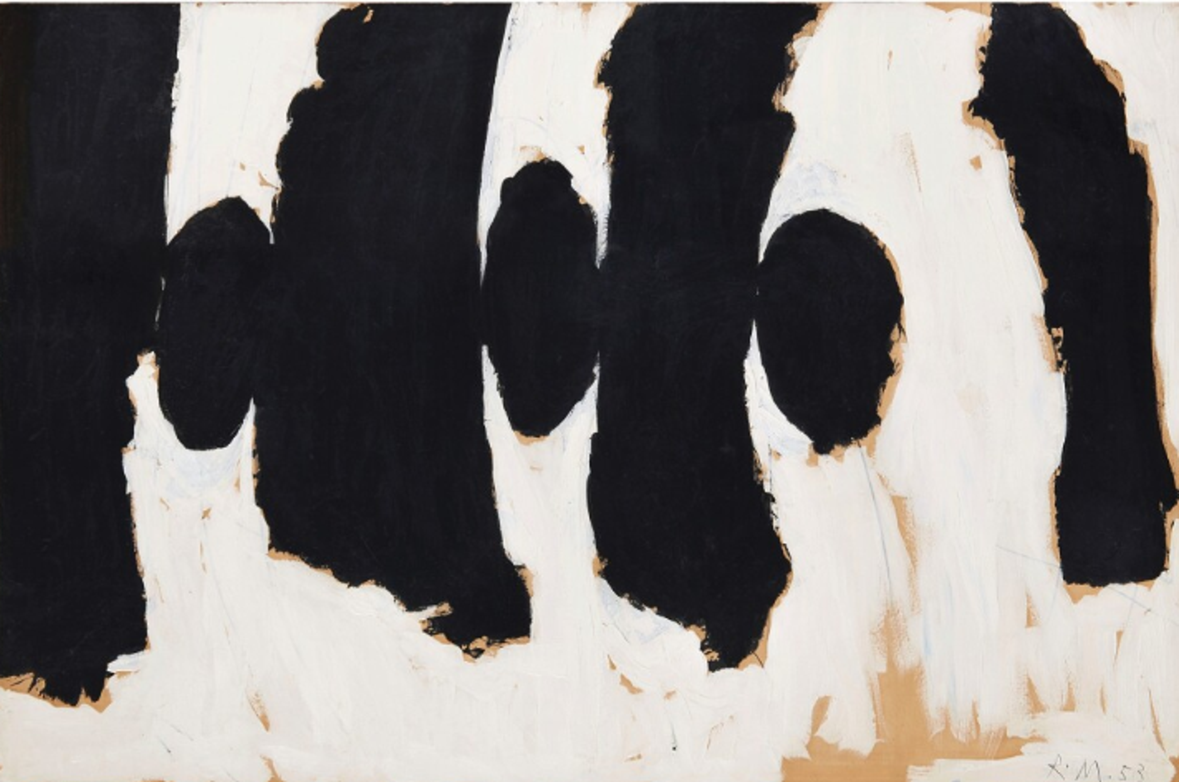 Abstract painting with alternating thick vertical and oval black forms against a white background, with rough, organic edges and flickers of a golden ochre background visible along the bottom.