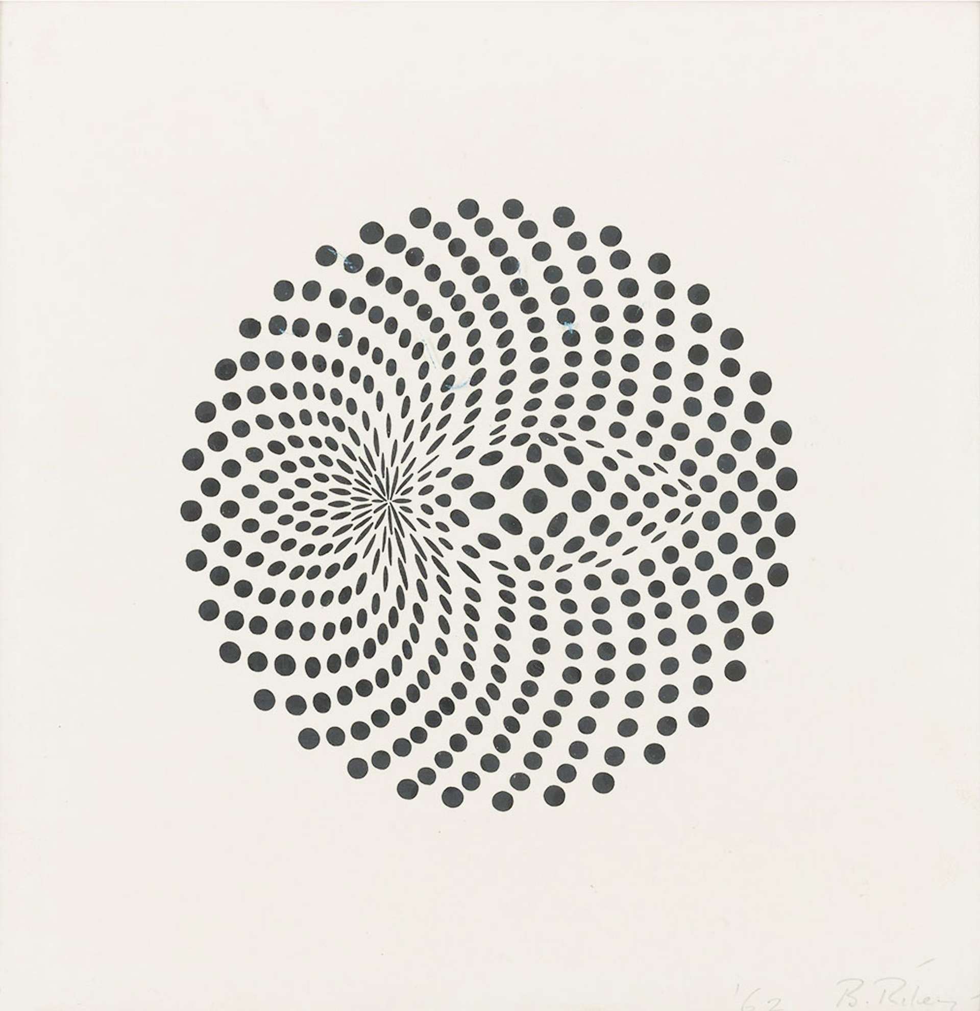 An optical illusion printed artwork. A pattern of black circles appear at the centre of the composition, contained within one circular shape, meeting at the middle in different shapes and sizes to give the appearance of movement.