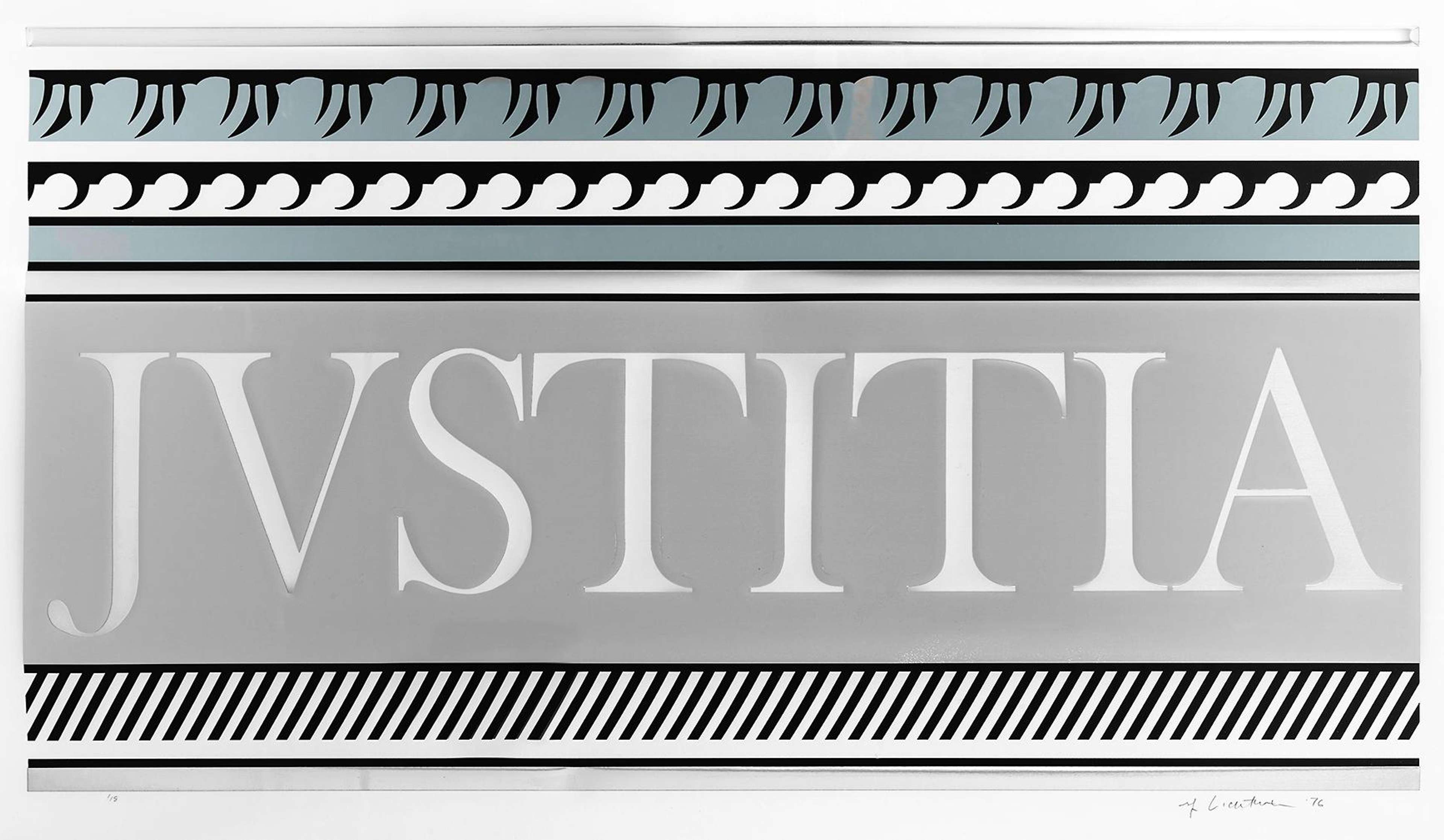 Entablature Xa applies grey, black and silver coloured details that spell out the word “Justitia” in the centre of the composition, alluding to the ancient Roman personification of justice. The work is elongated and thin, drawing a physical analogy to the original architectural features it was predicated on. The horizontal flow of the ornamentation is also suggestive of such a parallel, implying that the pattern continues beyond the printed sheet.