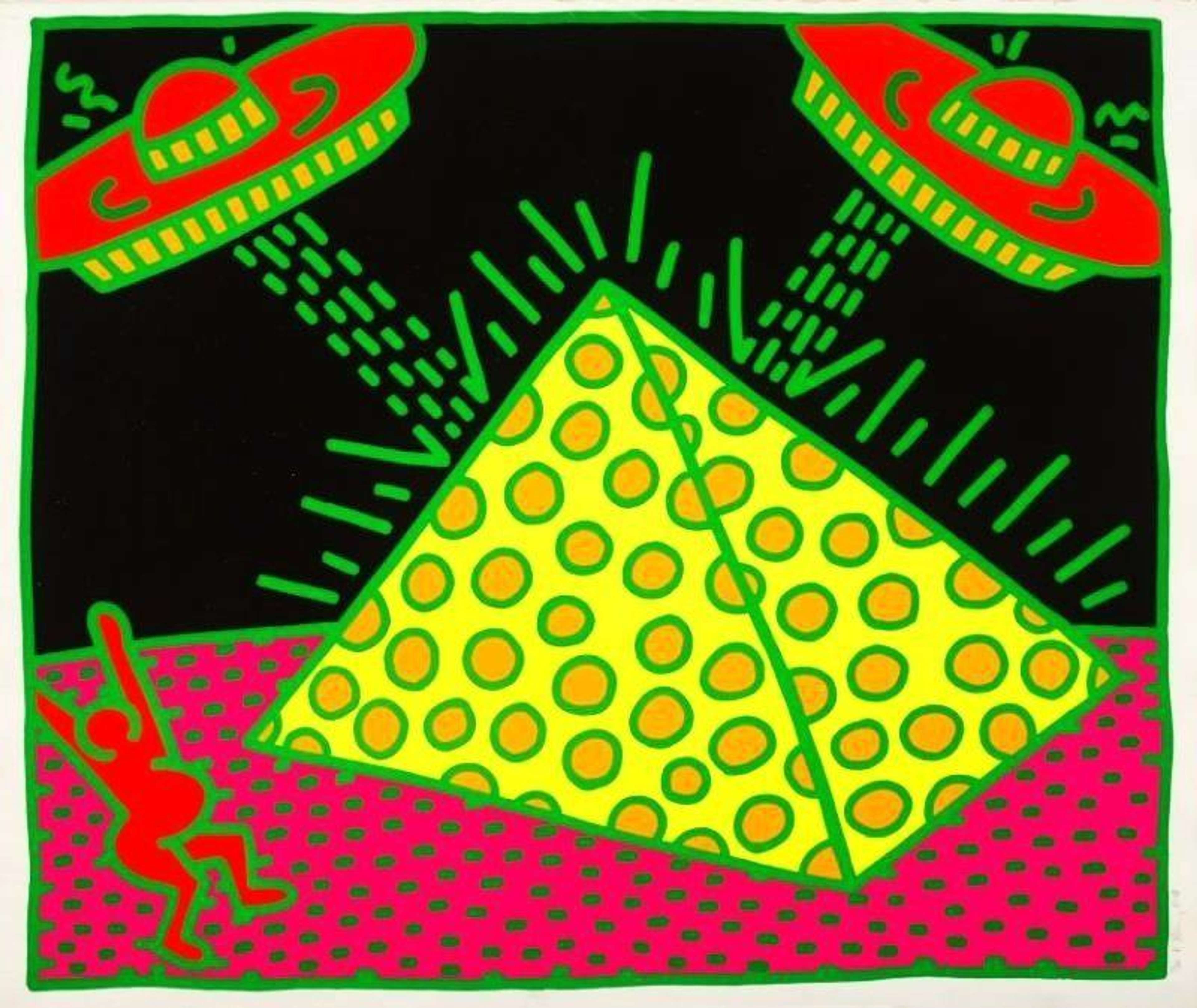 A screenprint by Keith Haring depicting a fluorescent yellow and green pyramid being shot at by two flying saucers. 