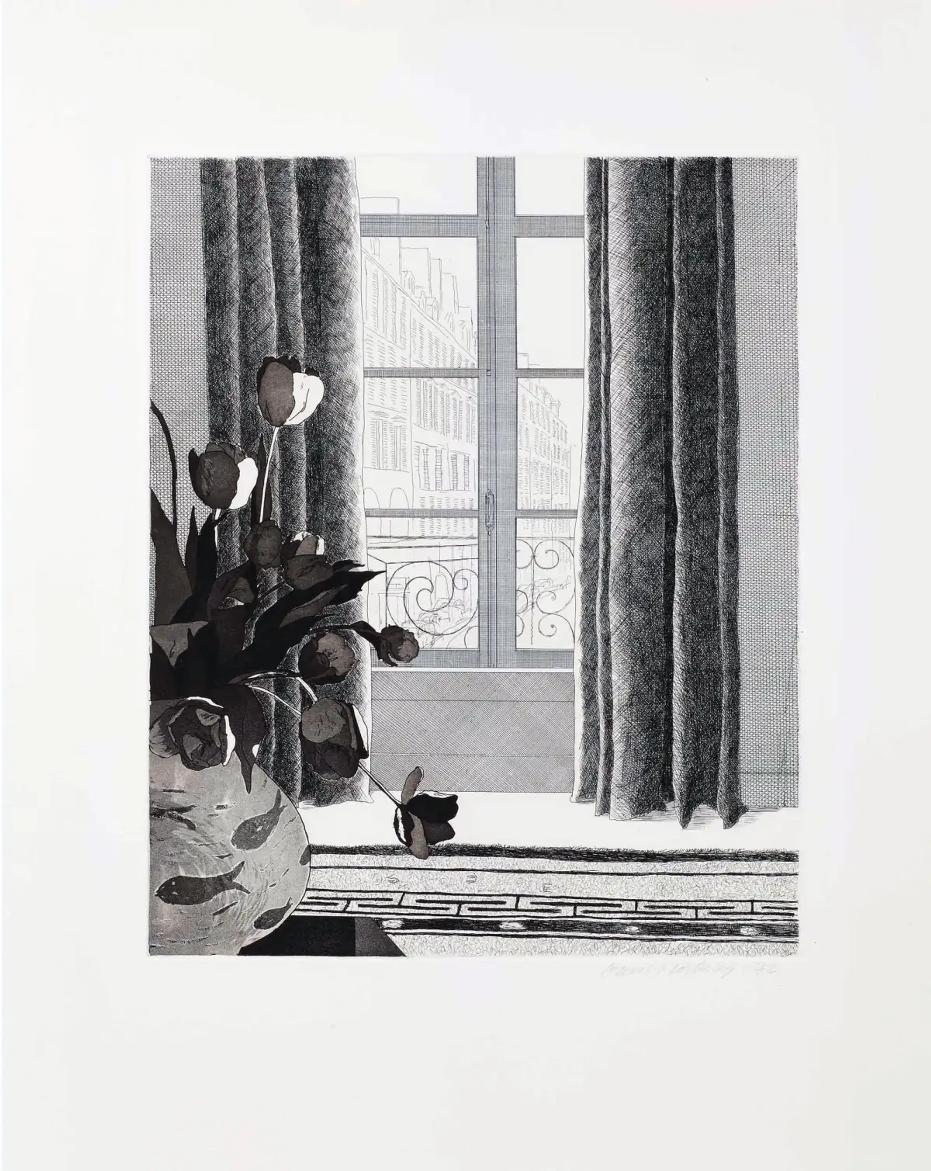  David Hockney’s Rue De Seine. A black and white intaglio print of an interior room setting of a bouquet of flowers in front of a window with visible Haussman buildings. 