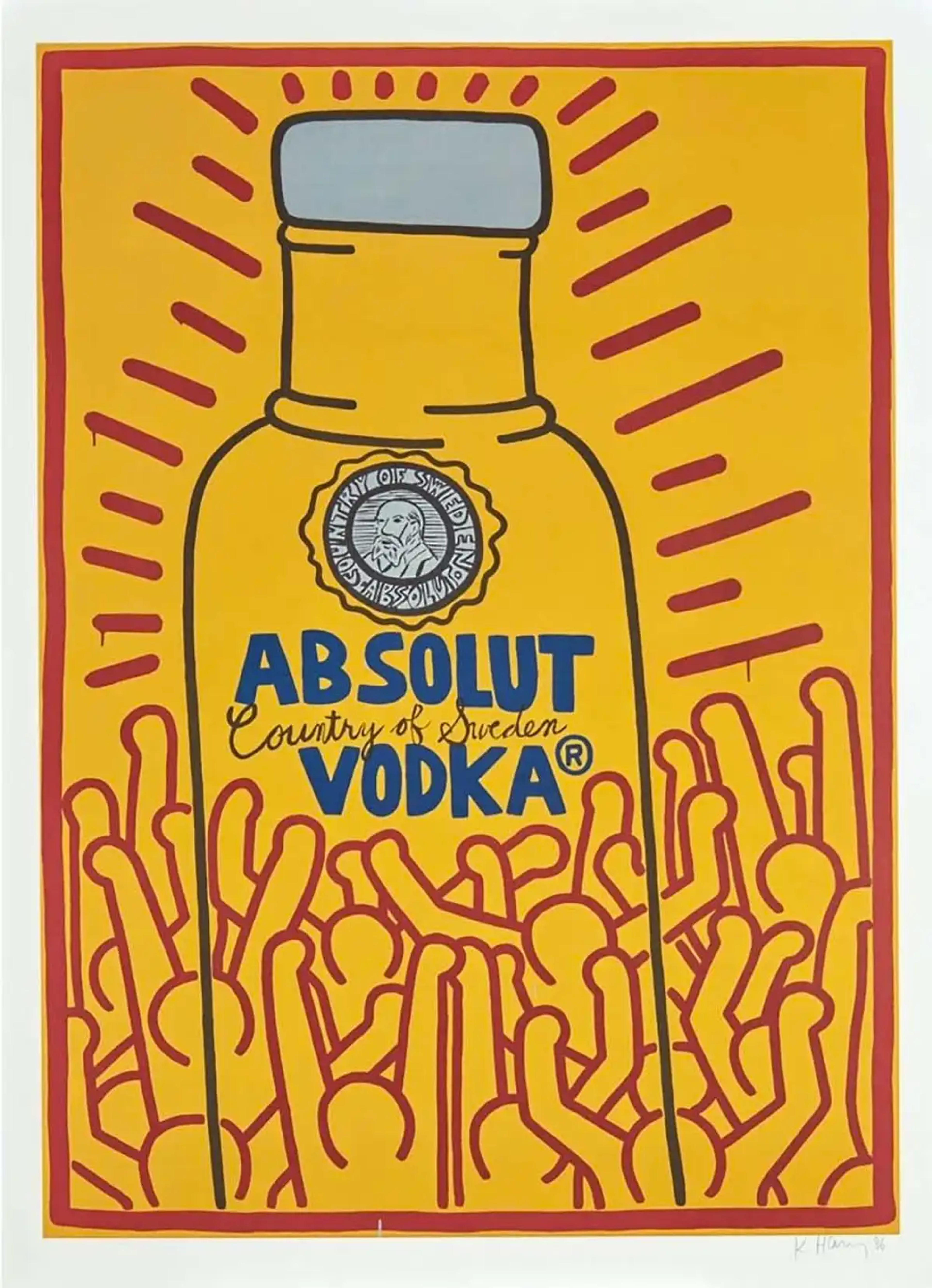 An image of the print Absolut Haring, which shows the Absolut Vodka bottle rendered in Haring’s trademark bold lines, surrounded by a crowd of genderless figures. Haring uses bold red outlines against a bright yellow backdrop that sets a contrast against the blue Absolut logo.