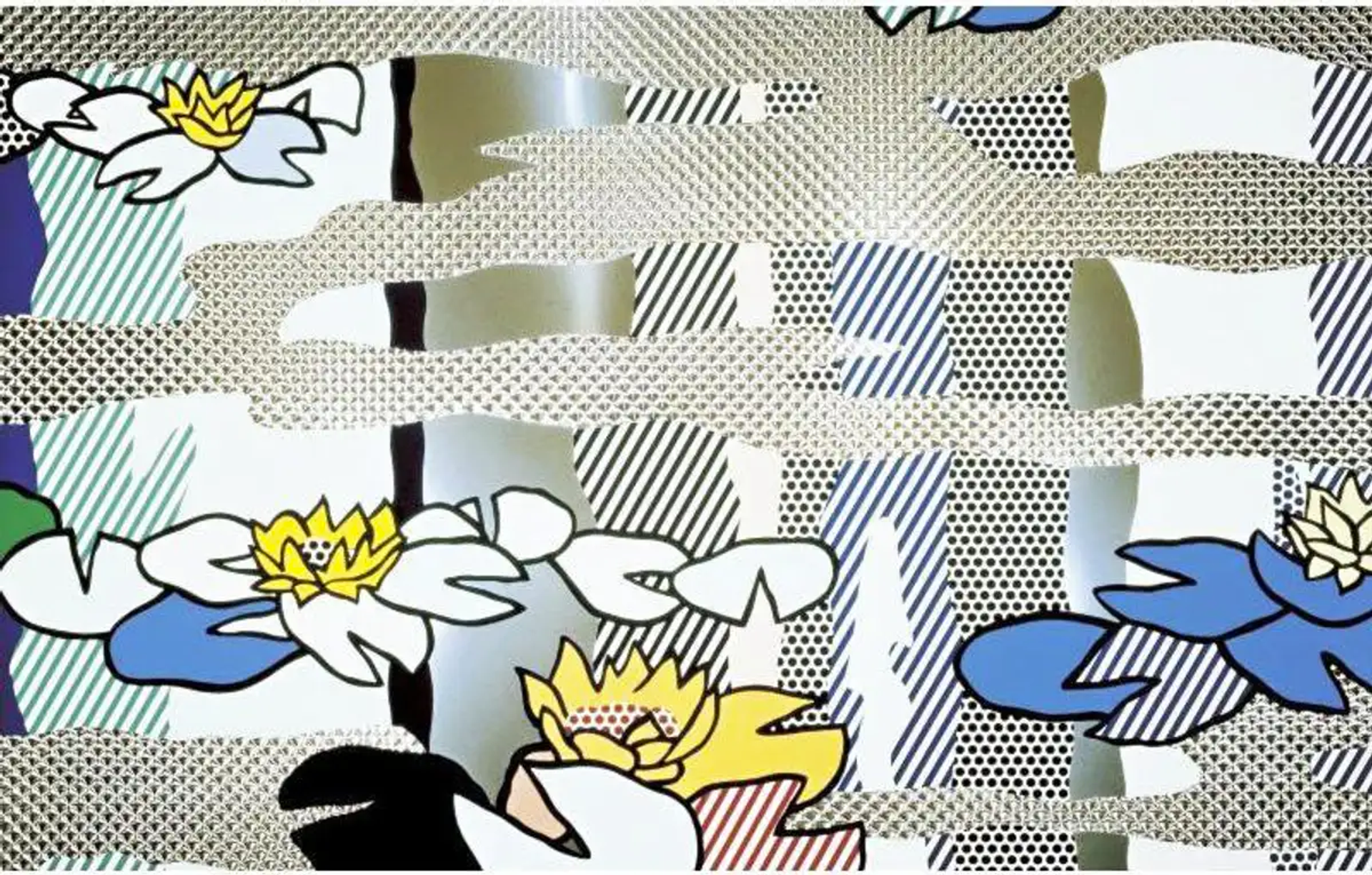Large swatches of exposed metal are interspersed with Water Lilies by Roy Lichtenstein.