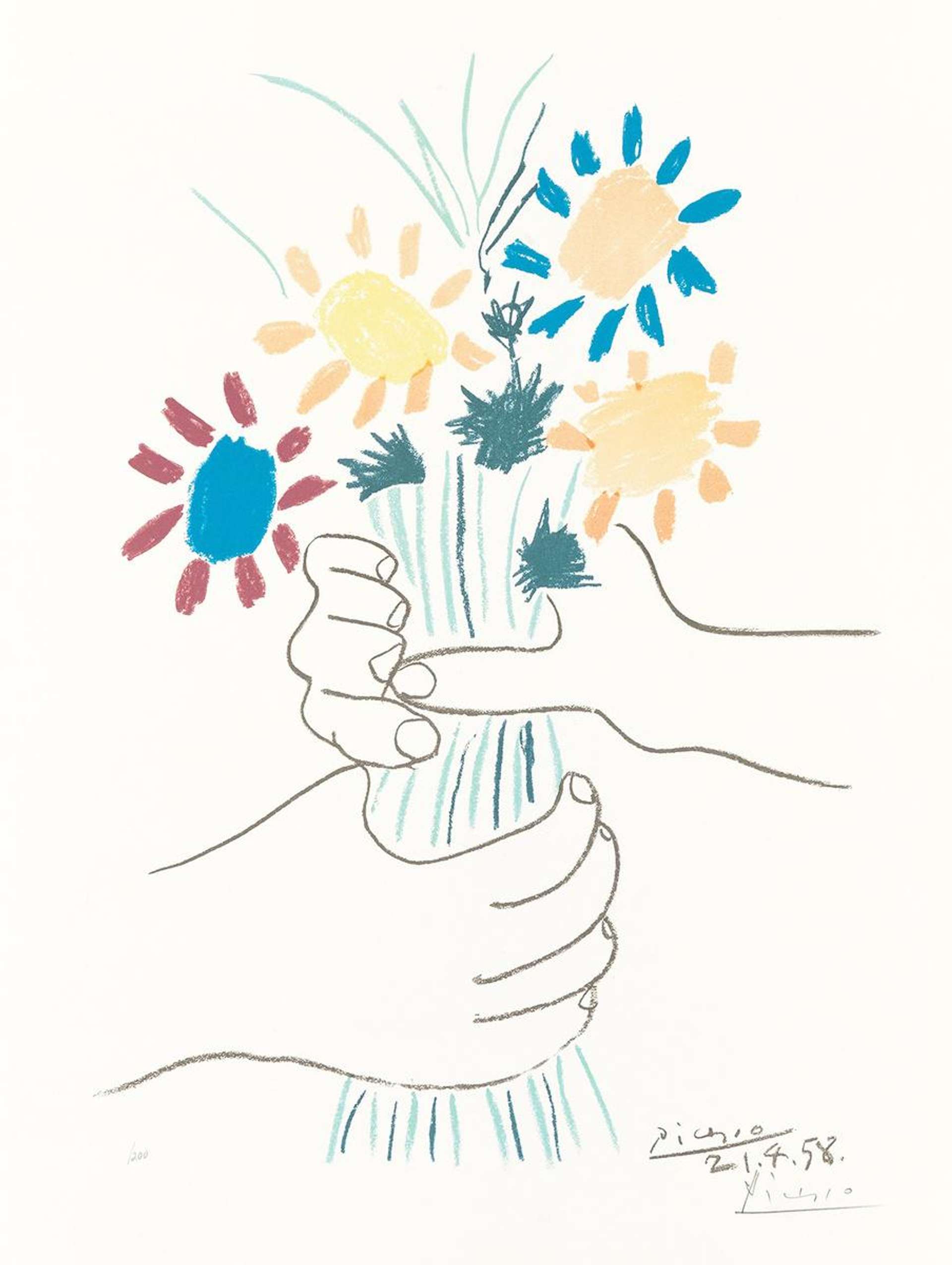 An image of a drawing by Pablo Picasso. Two disembodied hands exchange a colourful flower bouquet.