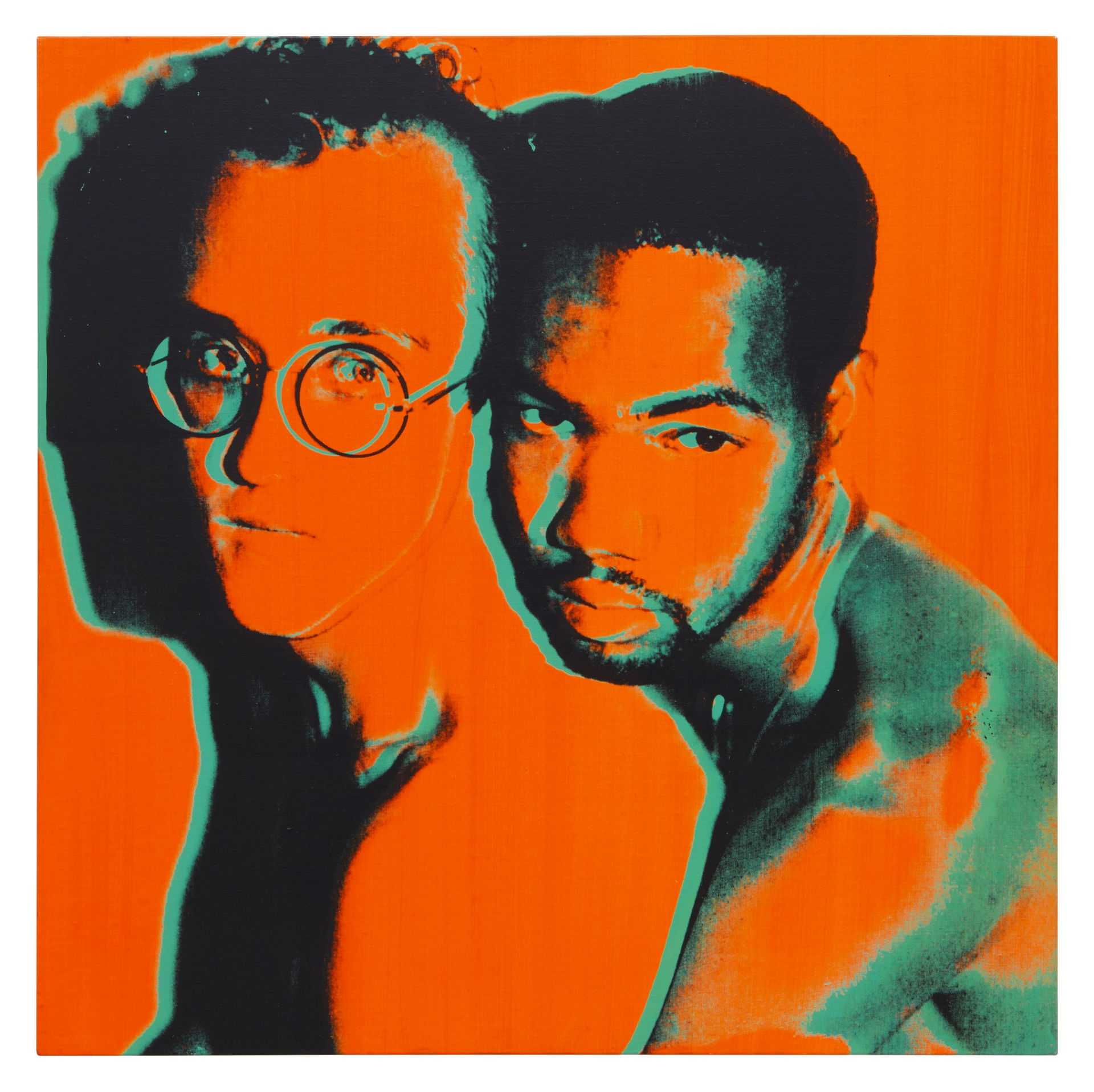 A print by andy Warhol, showing Keith Haring and his boyfriend Juan Dubose hugging. The couple is depicted in bright orange, with black and green shadows.