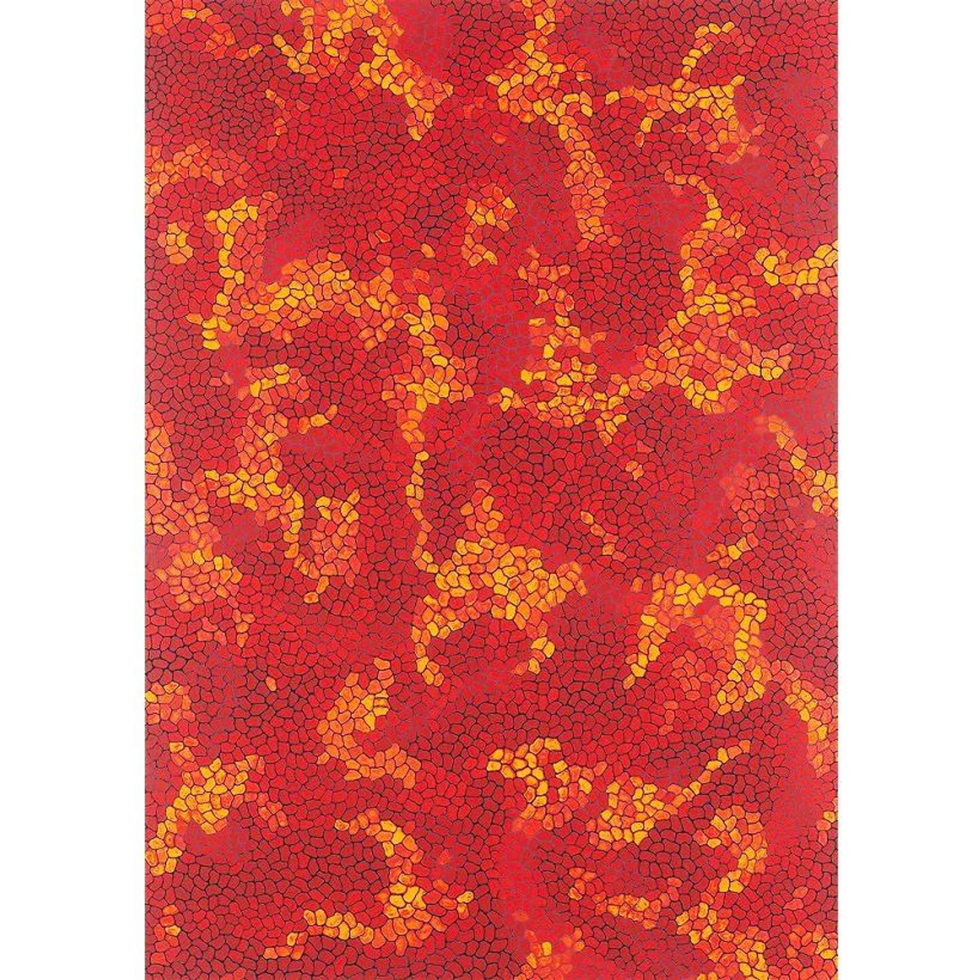 A print by Yayoi Kusama, showing a mosaic-like cloud pattern rendered in oranges, reds and yellows.