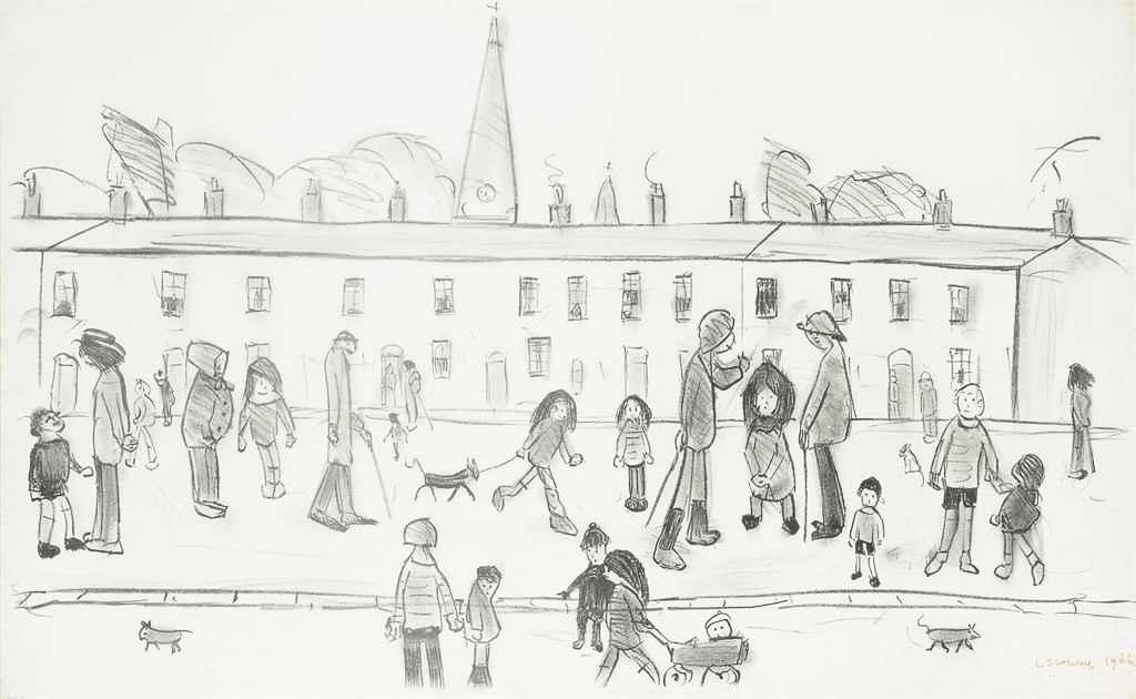 Clark Art Gallery  LS Lowry Preparatory Sketch for Burford Church  1946 Pencil Drawing 7 x 525 Lowry has added a number of figures in  the street of the final painting to