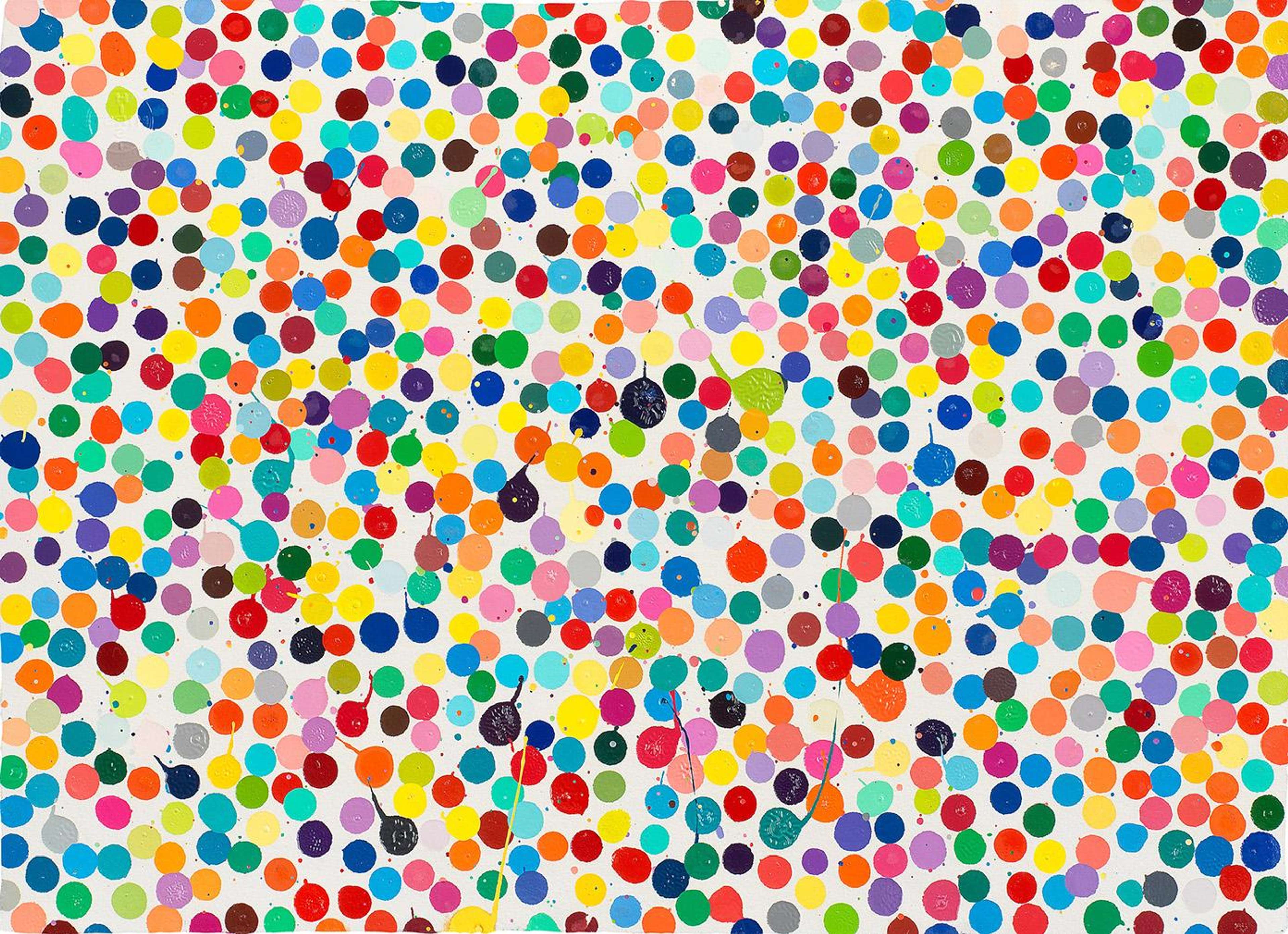 A mixed media artwork showing lots of multicoloured dots against a white paper background.